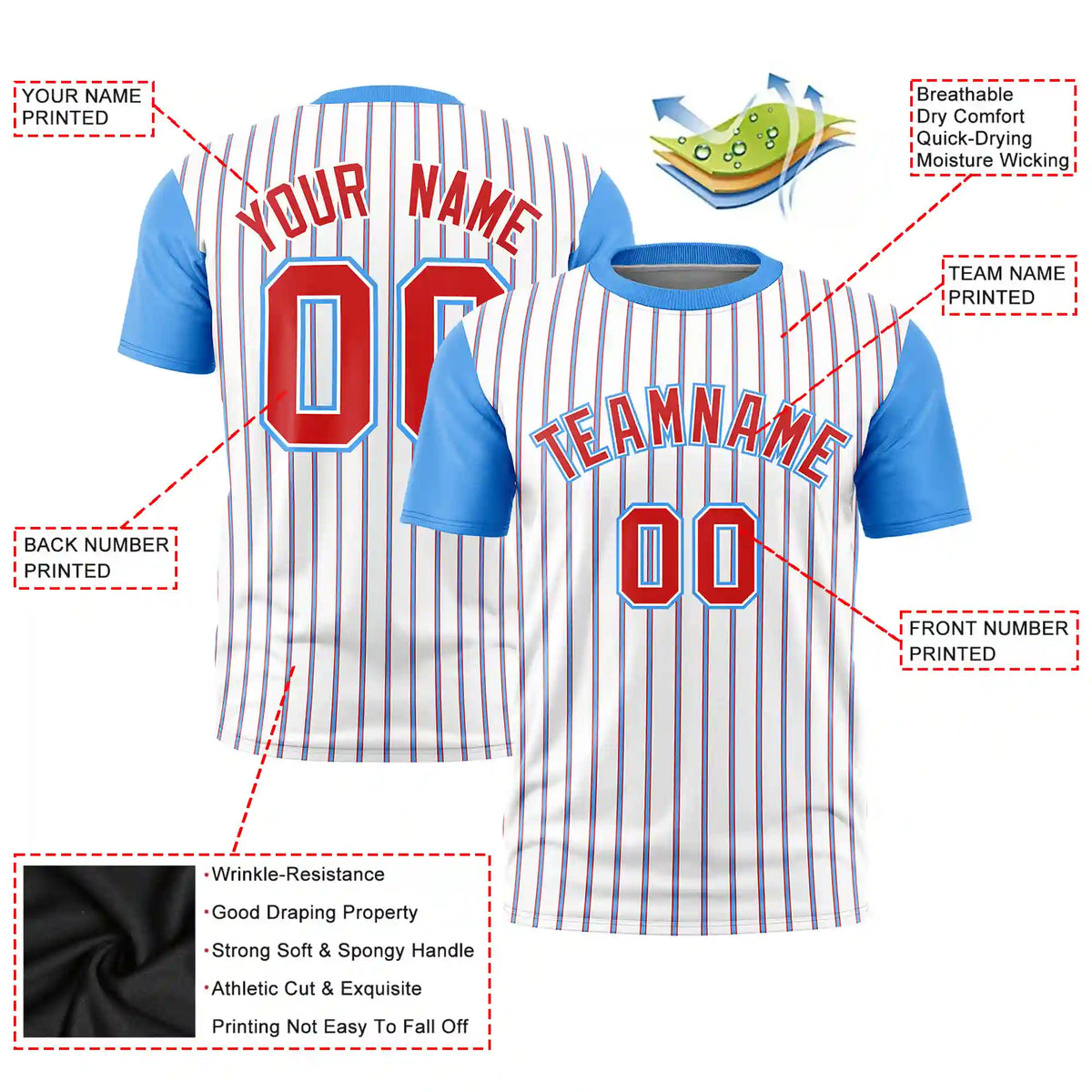 Custom White Red-Powder Blue Pinstripe Pattern Design Performance T-Shirt