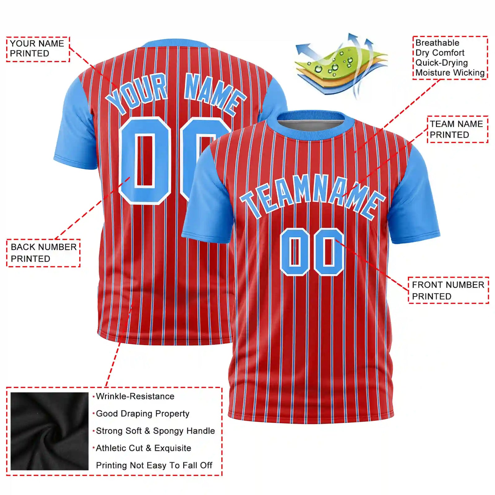Custom Red White-Powder Blue Pinstripe Pattern Design Performance T-Shirt