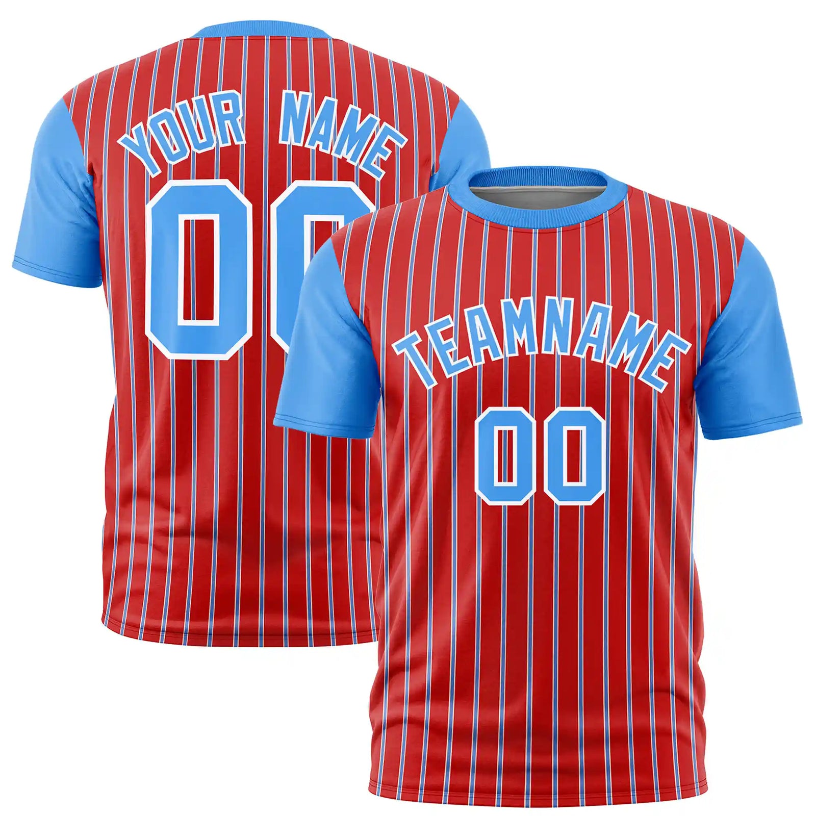 Custom Red White-Powder Blue Pinstripe Pattern Design Performance T-Shirt