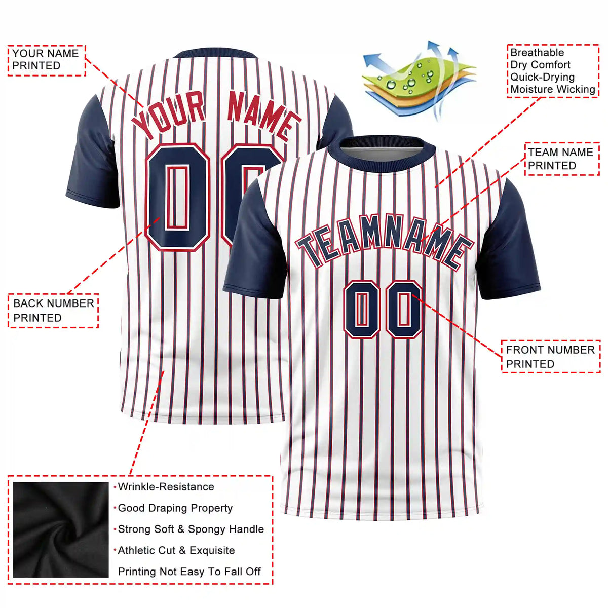 Custom White Red-Navy Pinstripe Pattern Design Performance T-Shirt