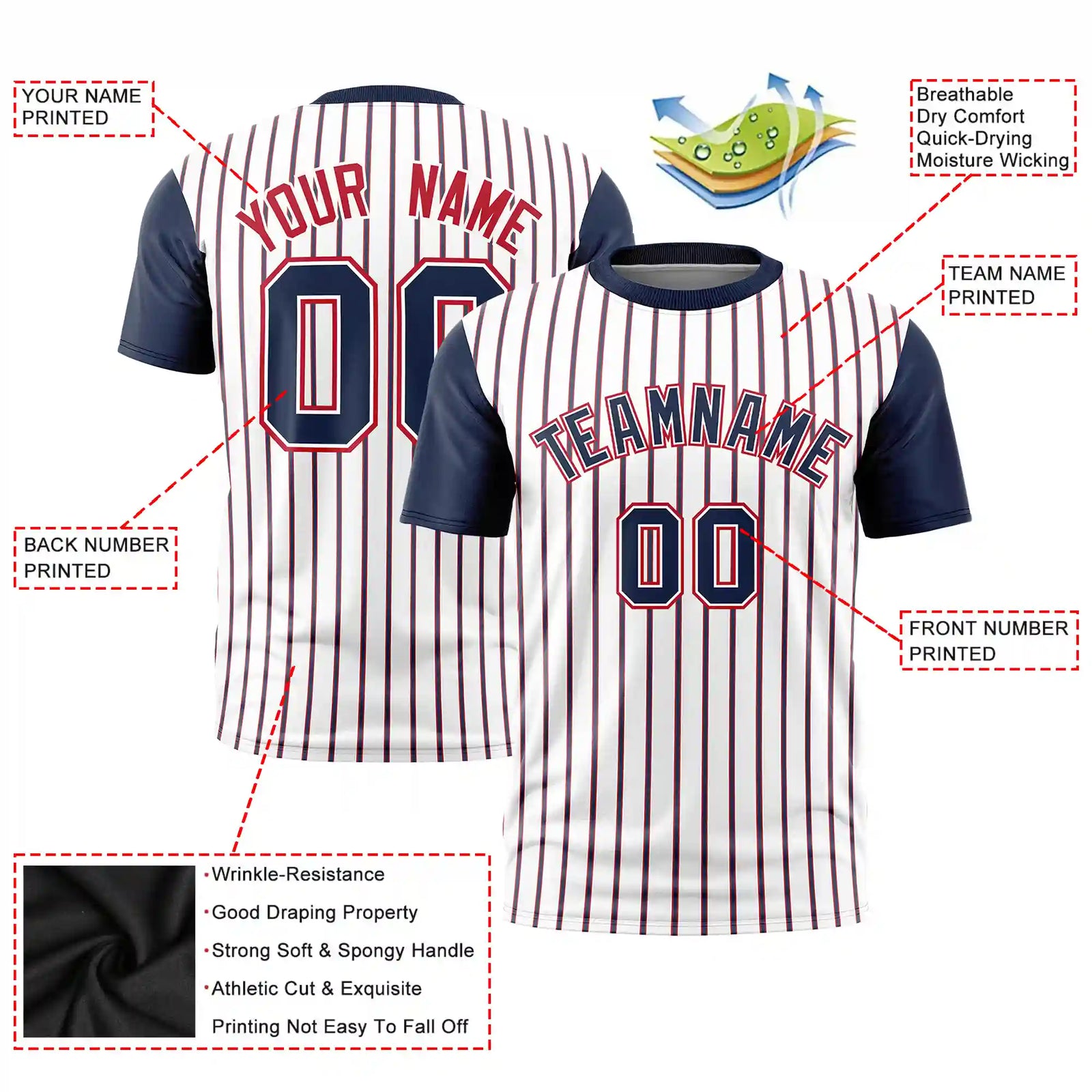 Custom White Red-Navy Pinstripe Pattern Design Performance T-Shirt