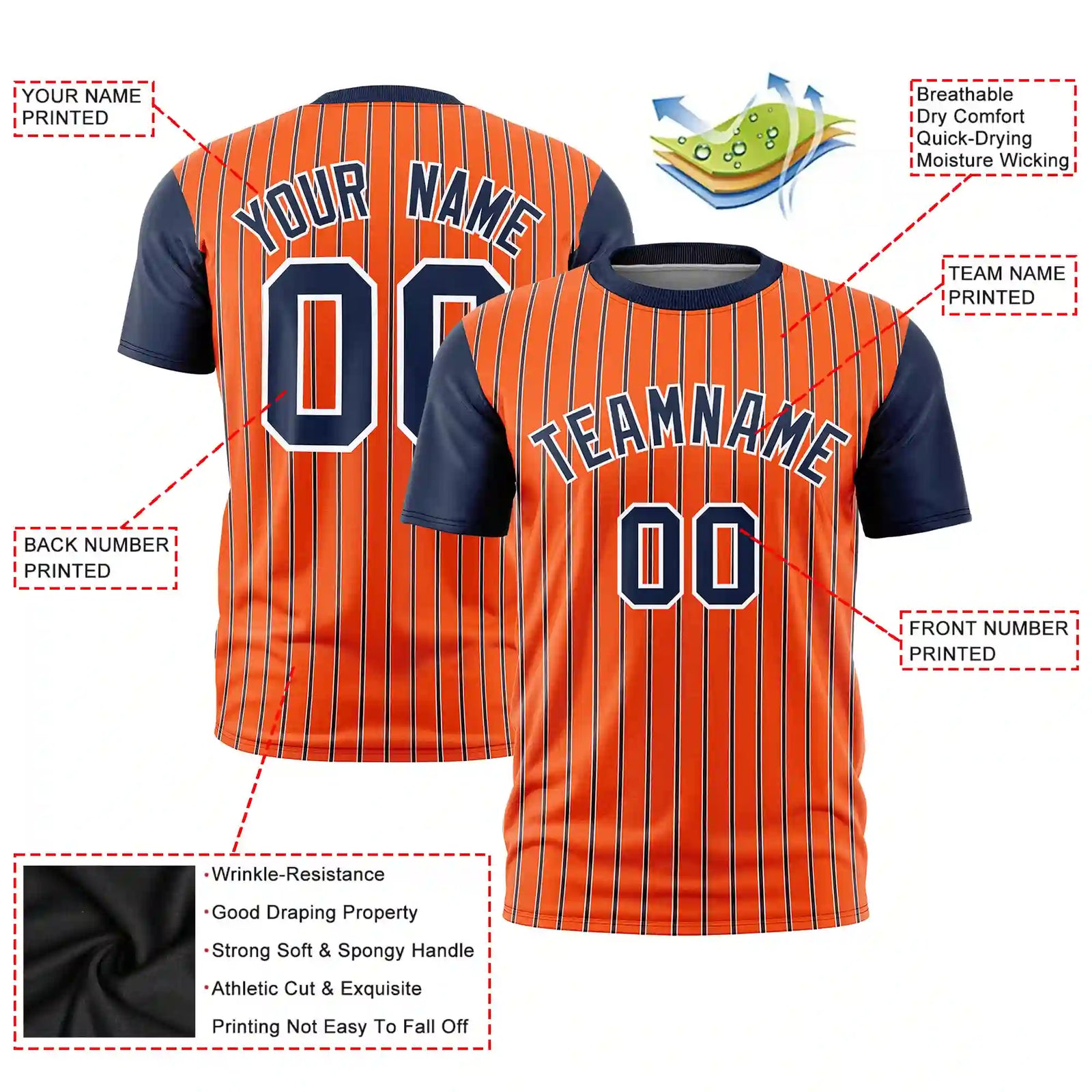 Custom Orange White-Navy Pinstripe Pattern Design Performance T-Shirt