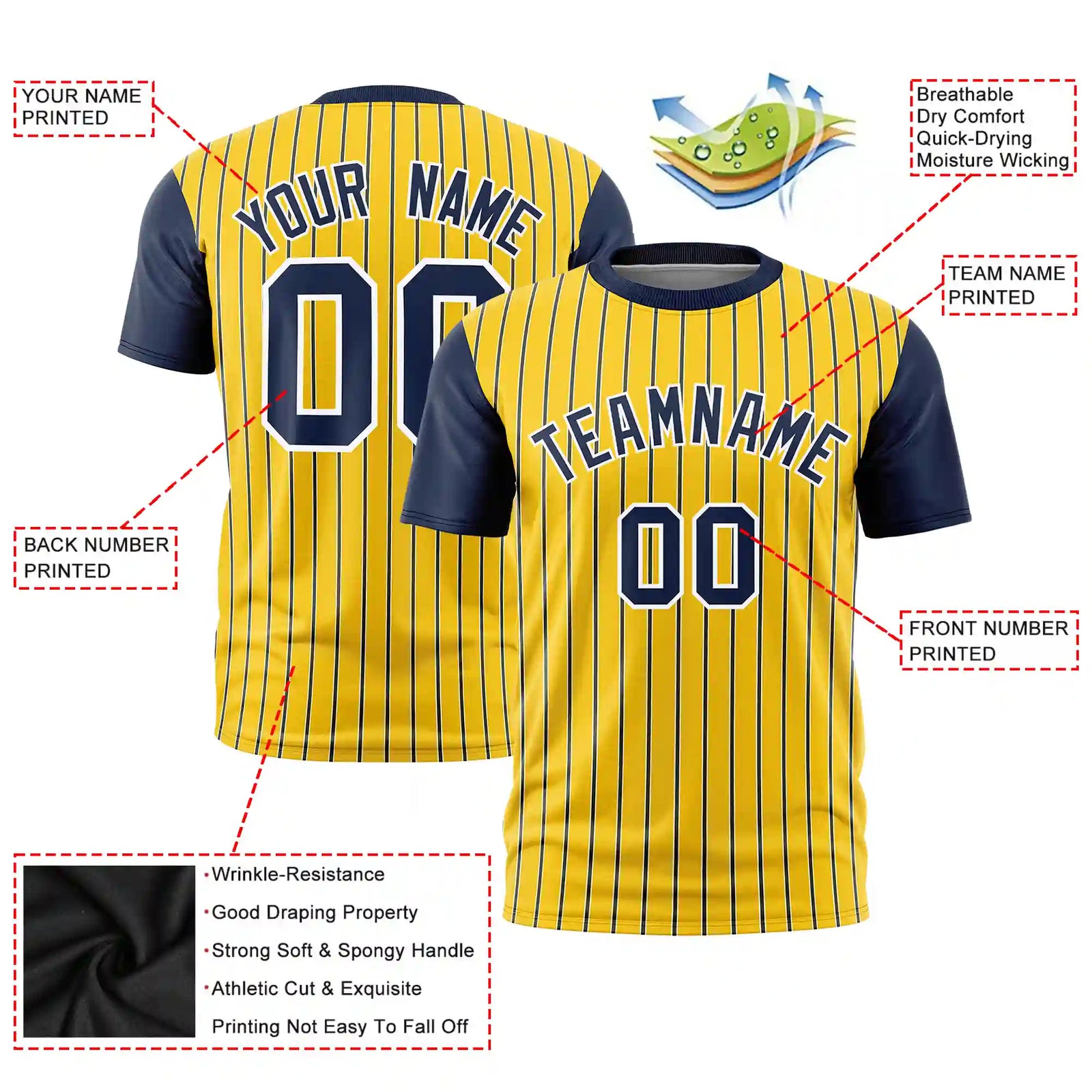 Custom Gold01 White-Navy Pinstripe Pattern Design Performance T-Shirt