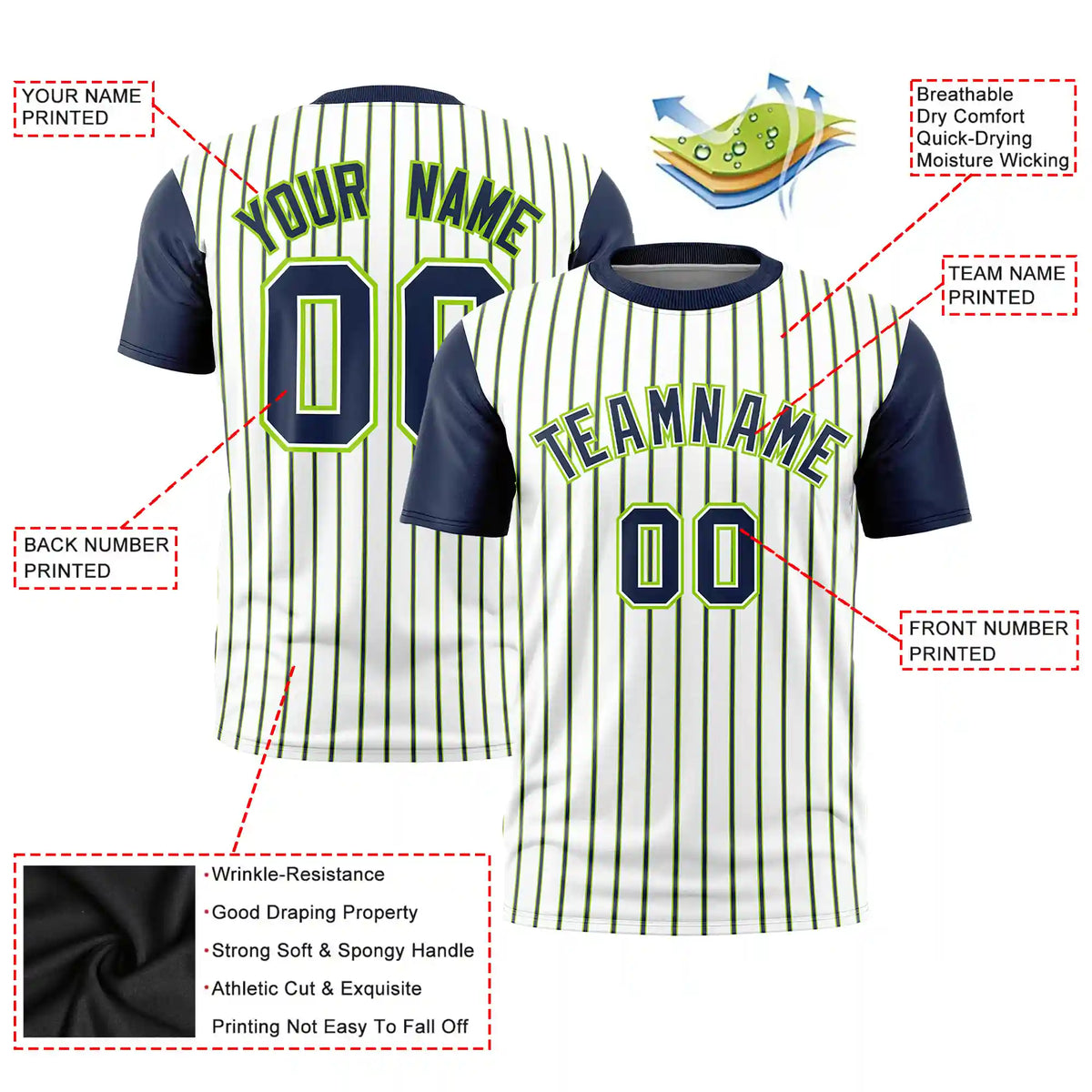 Custom White Neon Green-Navy Pinstripe Pattern Design Performance T-Shirt