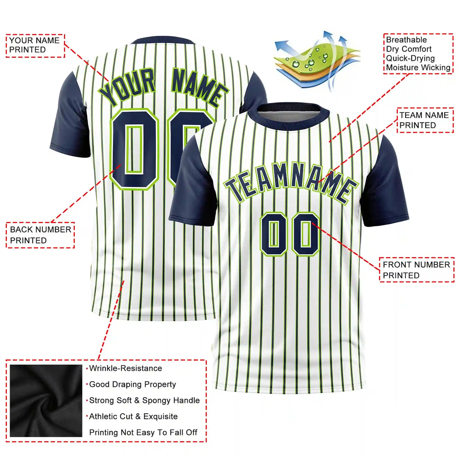 Custom White Neon Green-Navy Pinstripe Pattern Design Performance T-Shirt
