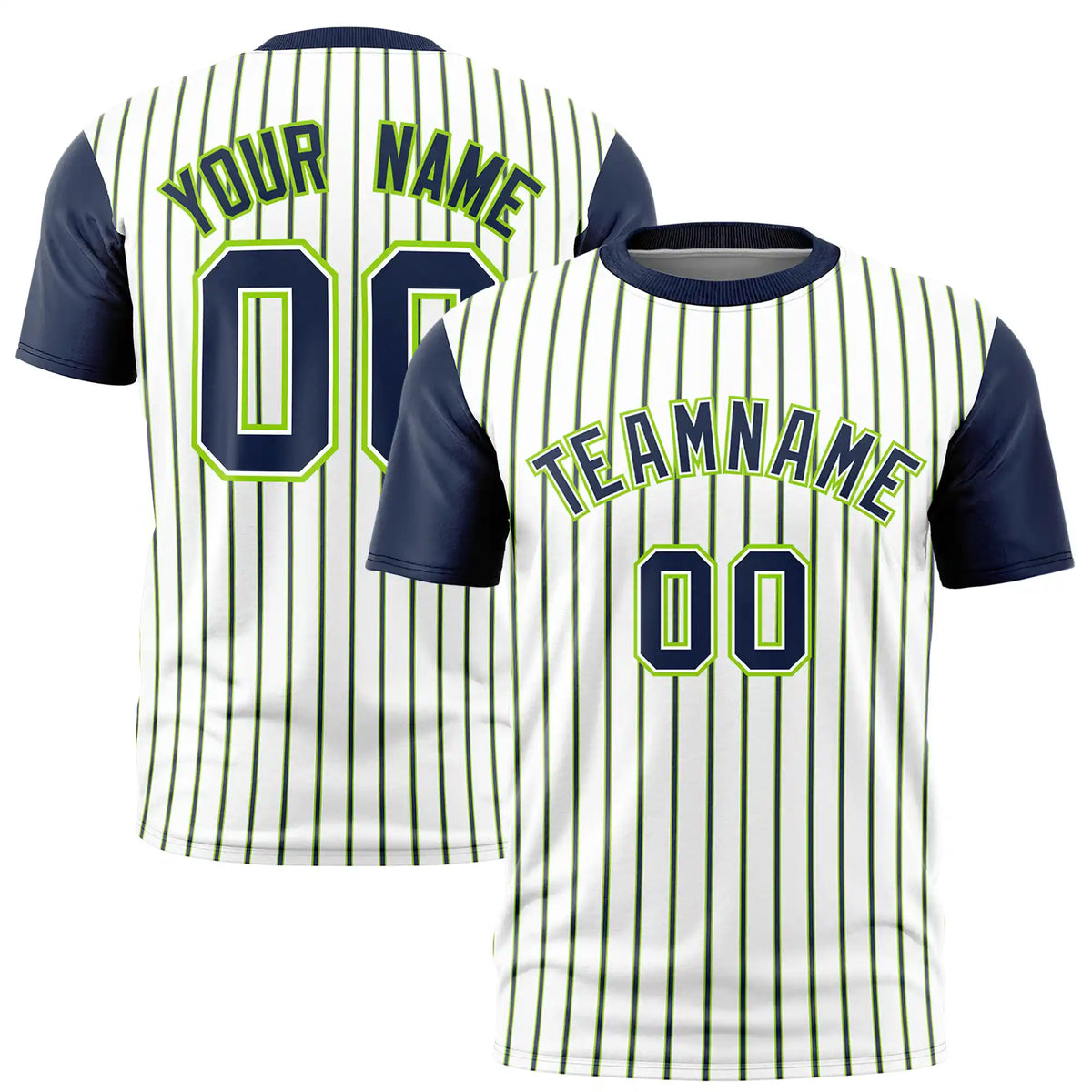 Custom White Neon Green-Navy Pinstripe Pattern Design Performance T-Shirt
