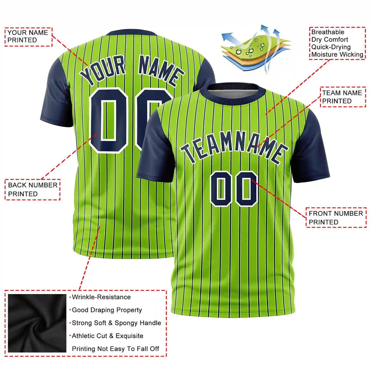 Custom Neon Green White-Navy Pinstripe Pattern Design Performance T-Shirt