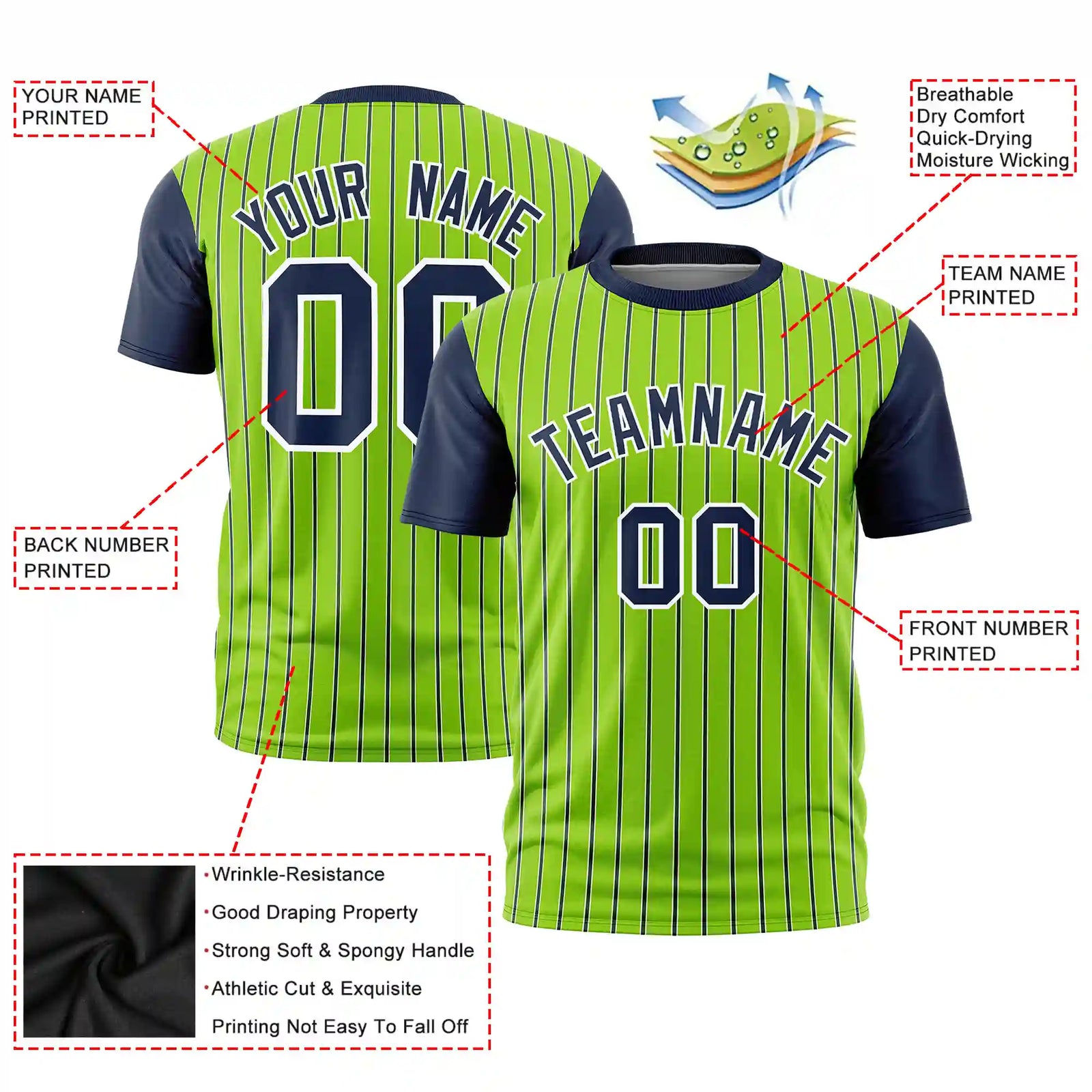 Custom Neon Green White-Navy Pinstripe Pattern Design Performance T-Shirt