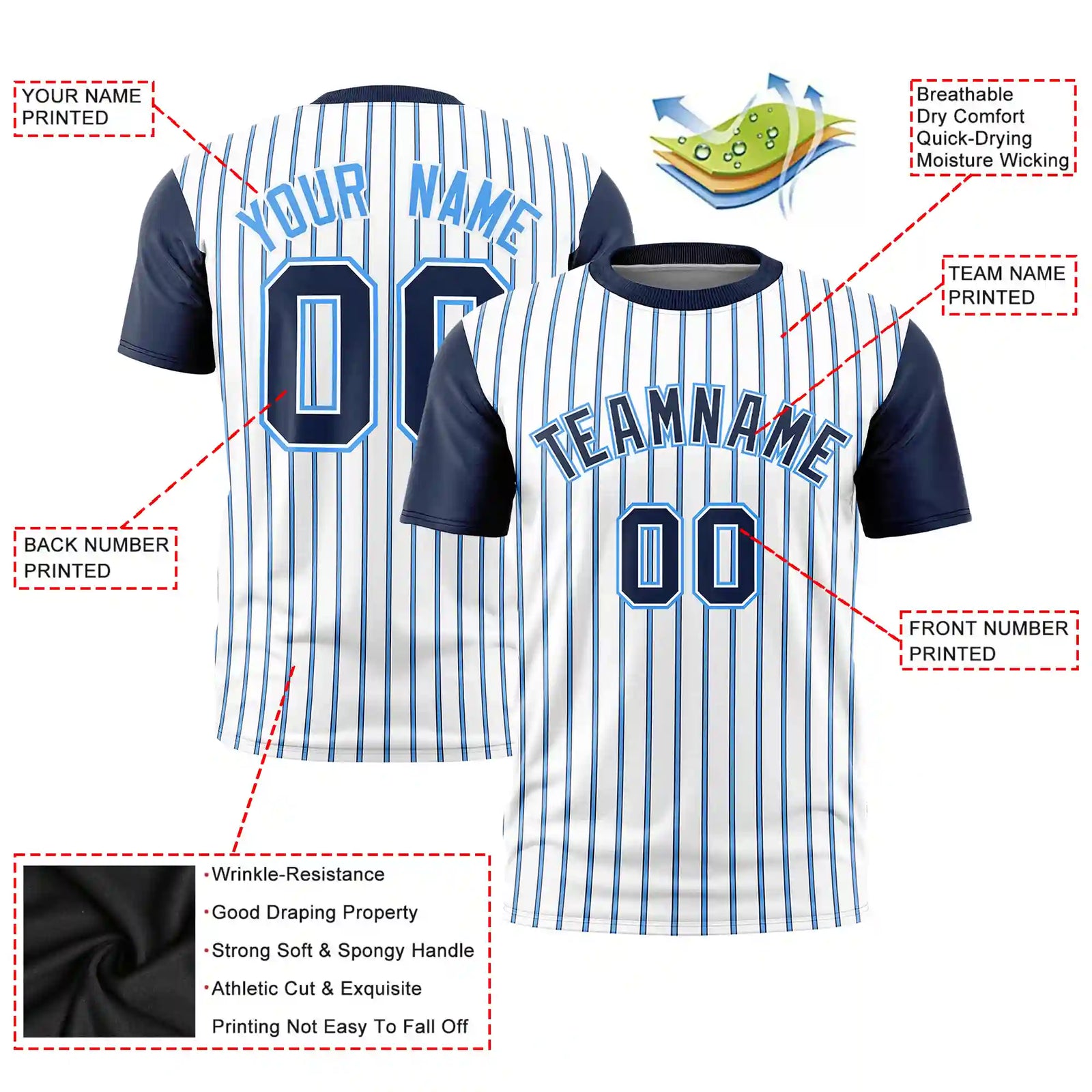 Custom White Powder Blue-Navy Pinstripe Pattern Design Performance T-Shirt