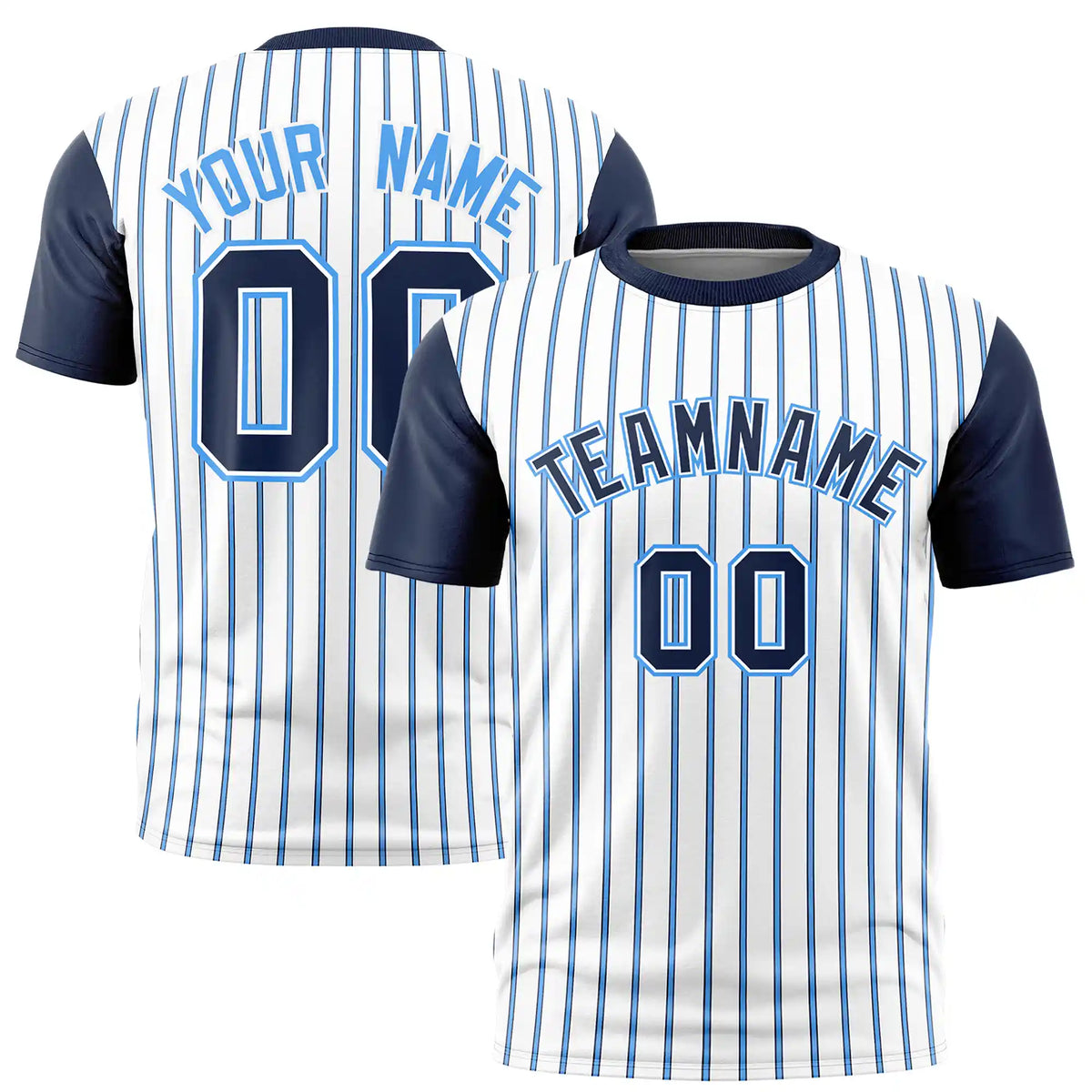 Custom White Powder Blue-Navy Pinstripe Pattern Design Performance T-Shirt
