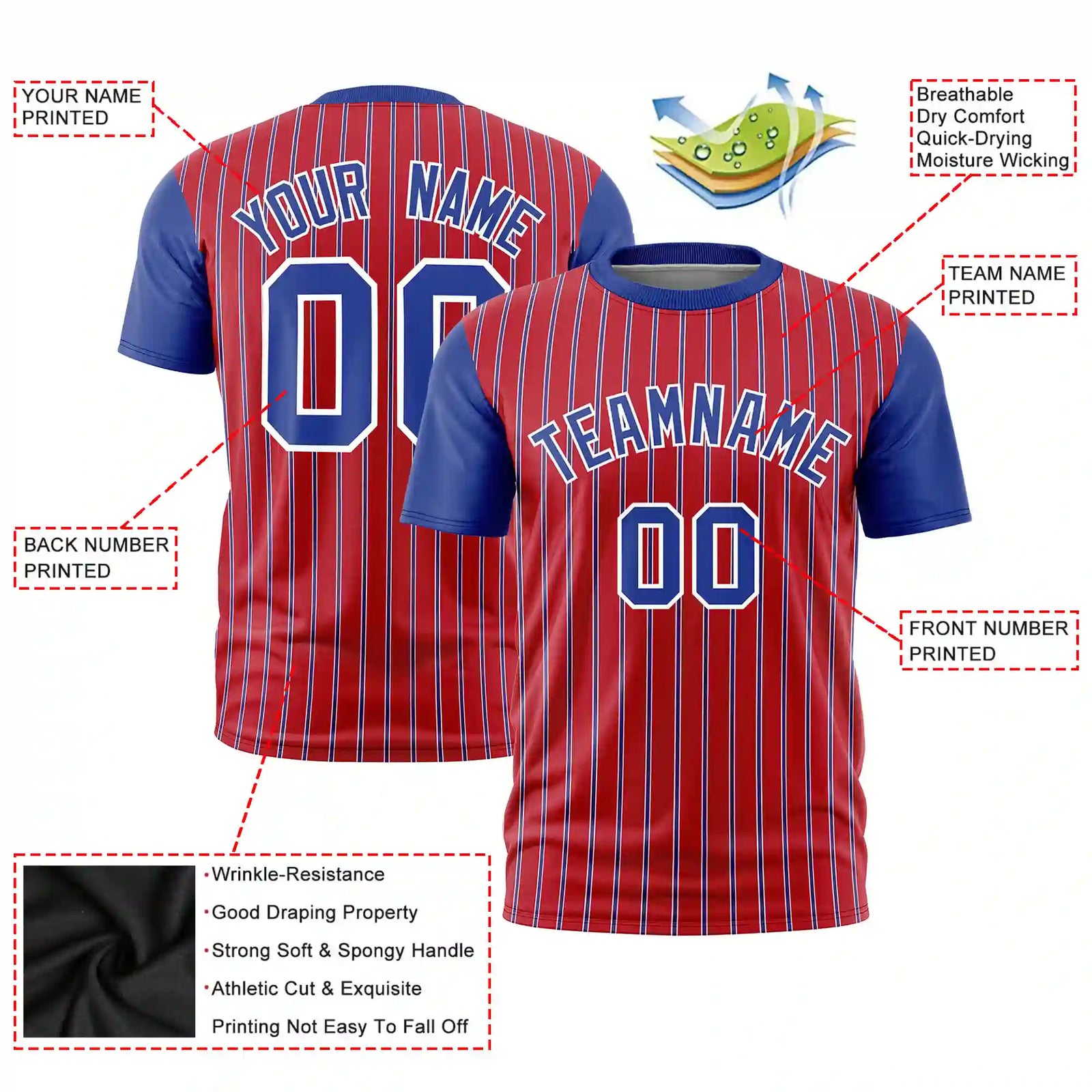 Custom Red White-Royal Blue Pinstripe Pattern Design Performance T-Shirt
