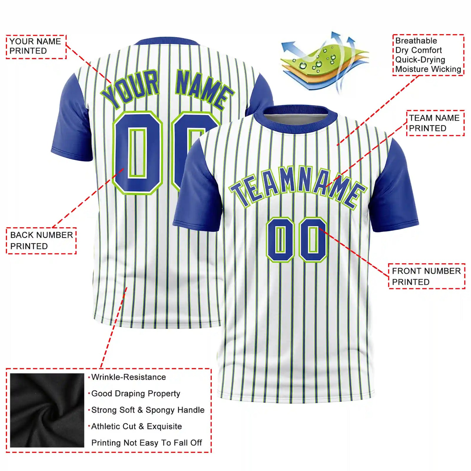 Custom White Neon Green-Royal Blue Pinstripe Pattern Design Performance T-Shirt