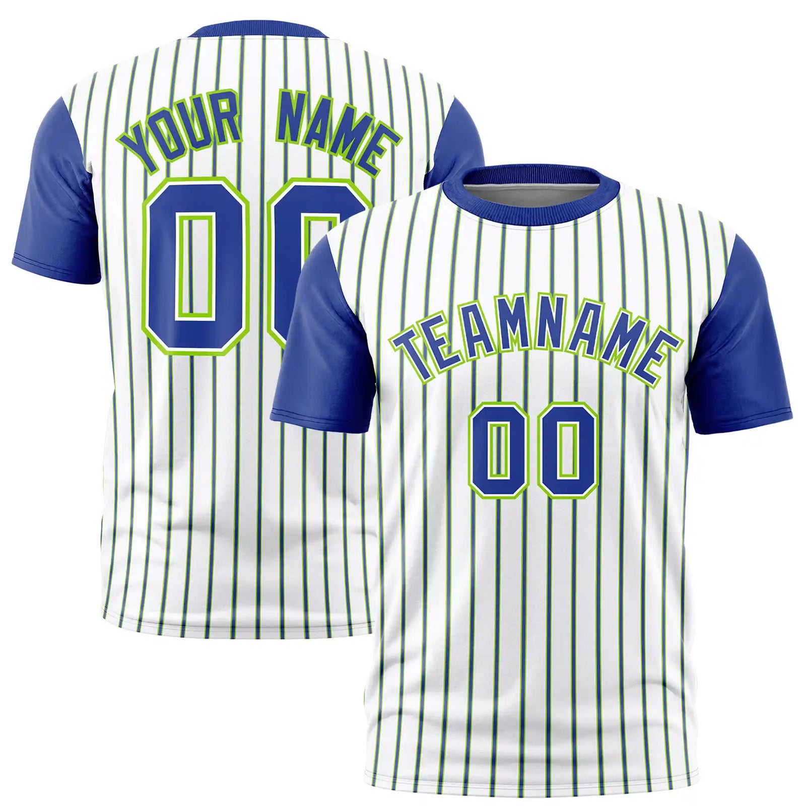 Custom White Neon Green-Royal Blue Pinstripe Pattern Design Performance T-Shirt