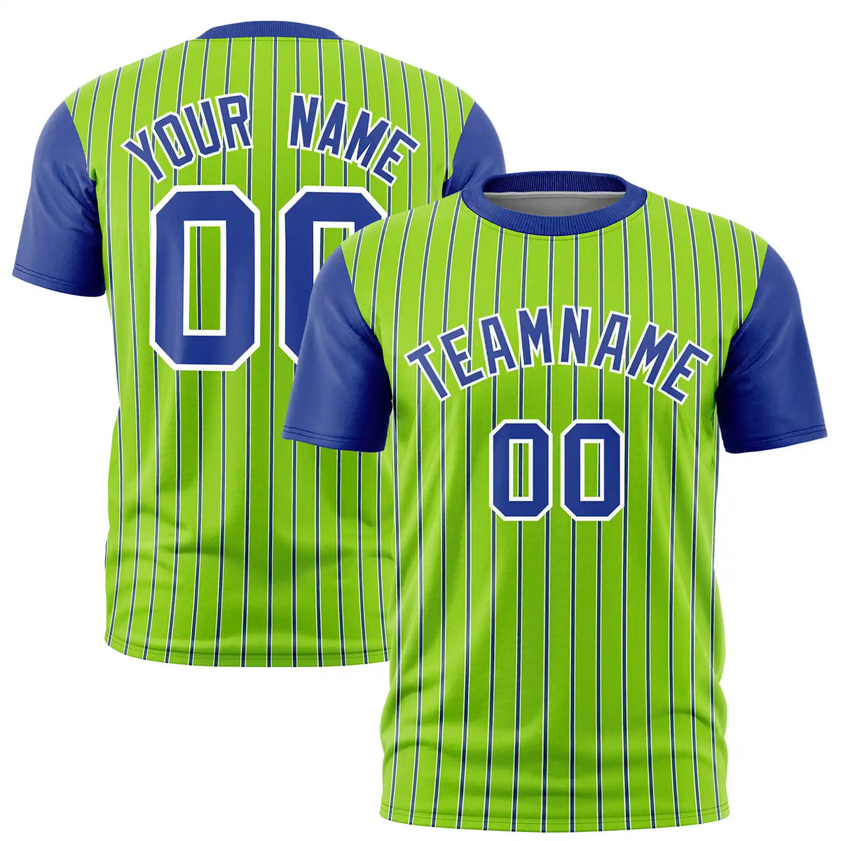Custom Neon Green White-Royal Blue Pinstripe Pattern Design Performance T-Shirt