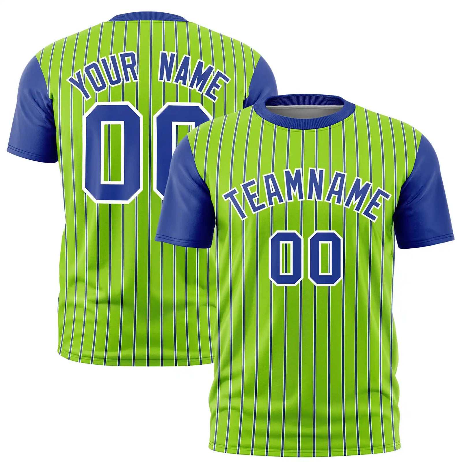 Custom Neon Green White-Royal Blue Pinstripe Pattern Design Performance T-Shirt