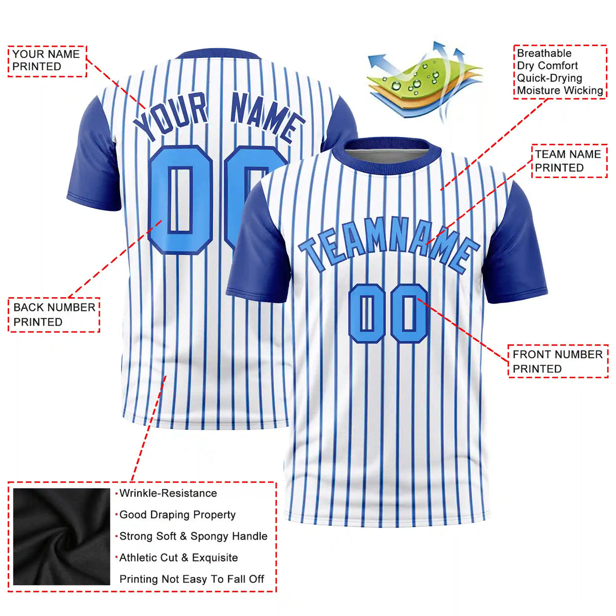 Custom White Powder Blue-Royal Blue Pinstripe Pattern Design Performance T-Shirt