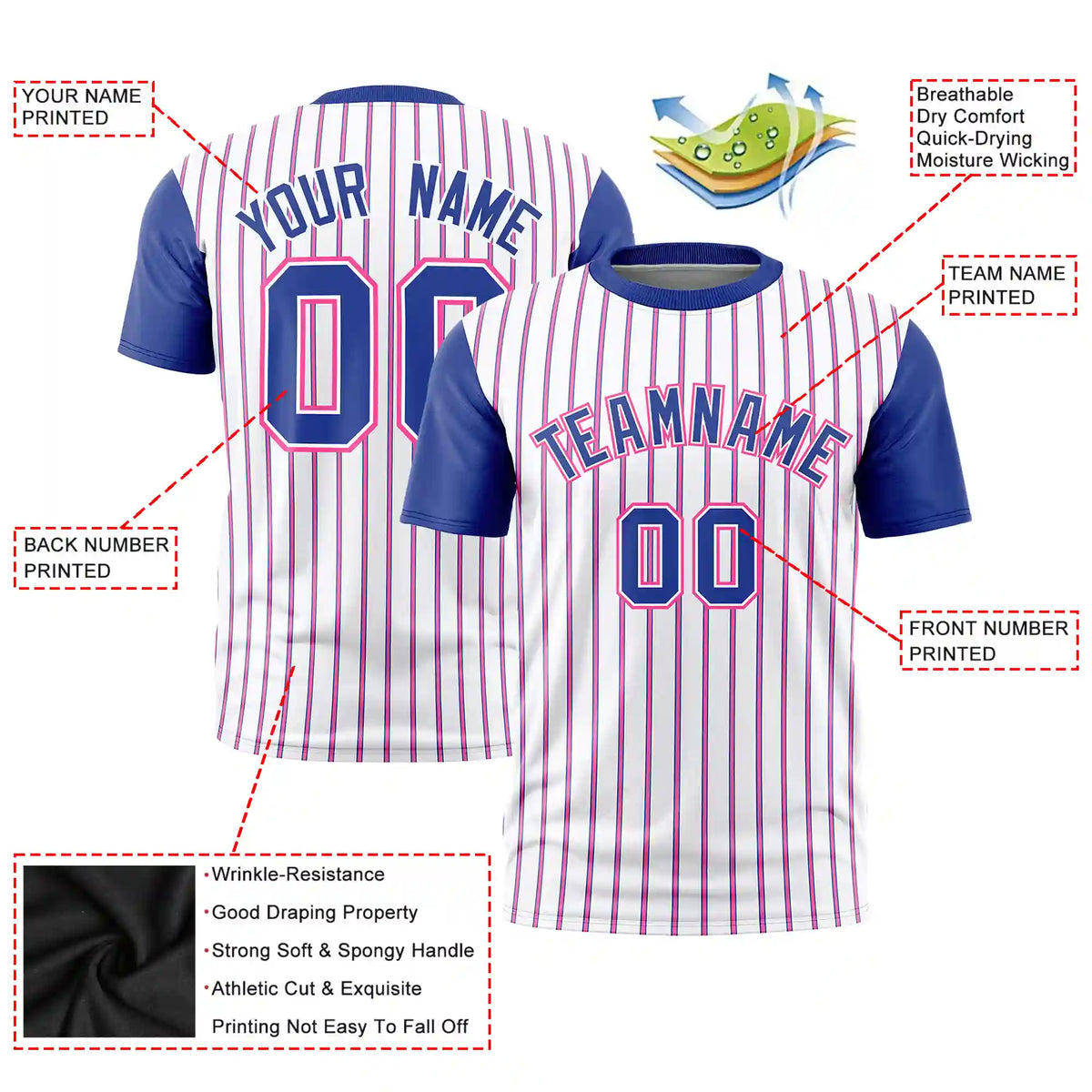 Custom White Pink-Royal Blue Pinstripe Pattern Design Performance T-Shirt