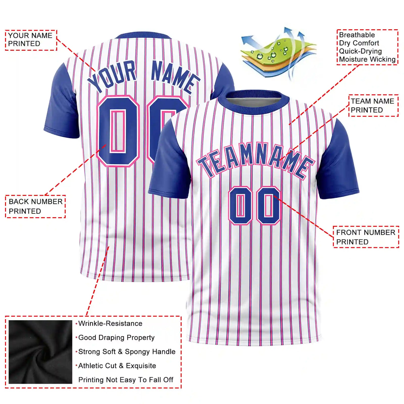 Custom White Pink-Royal Blue Pinstripe Pattern Design Performance T-Shirt