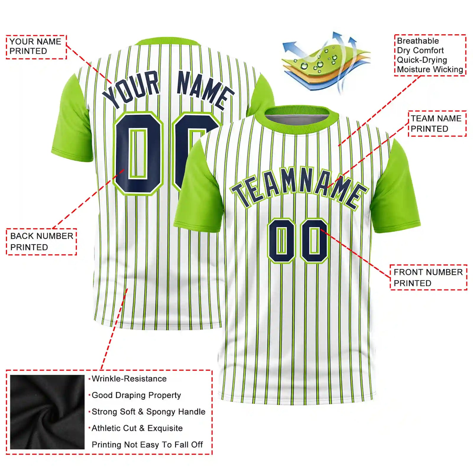 Custom White Navy-Neon Green Pinstripe Pattern Design Performance T-Shirt