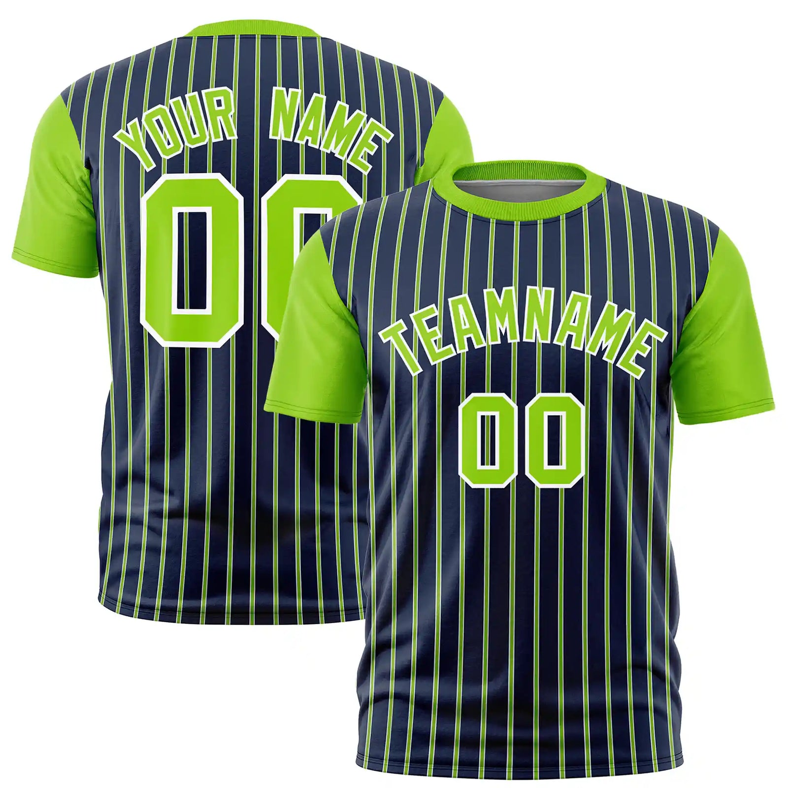 Custom Navy White-Neon Green Pinstripe Pattern Design Performance T-Shirt