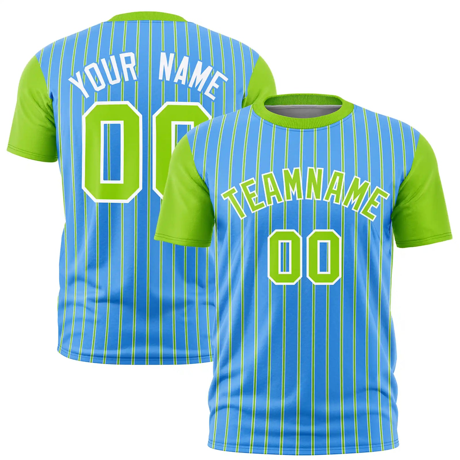 Custom Powder Blue White-Neon Green Pinstripe Pattern Design Performance T-Shirt