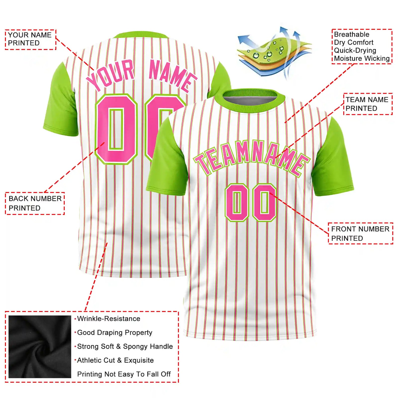 Custom White Pink-Neon Green Pinstripe Pattern Design Performance T-Shirt