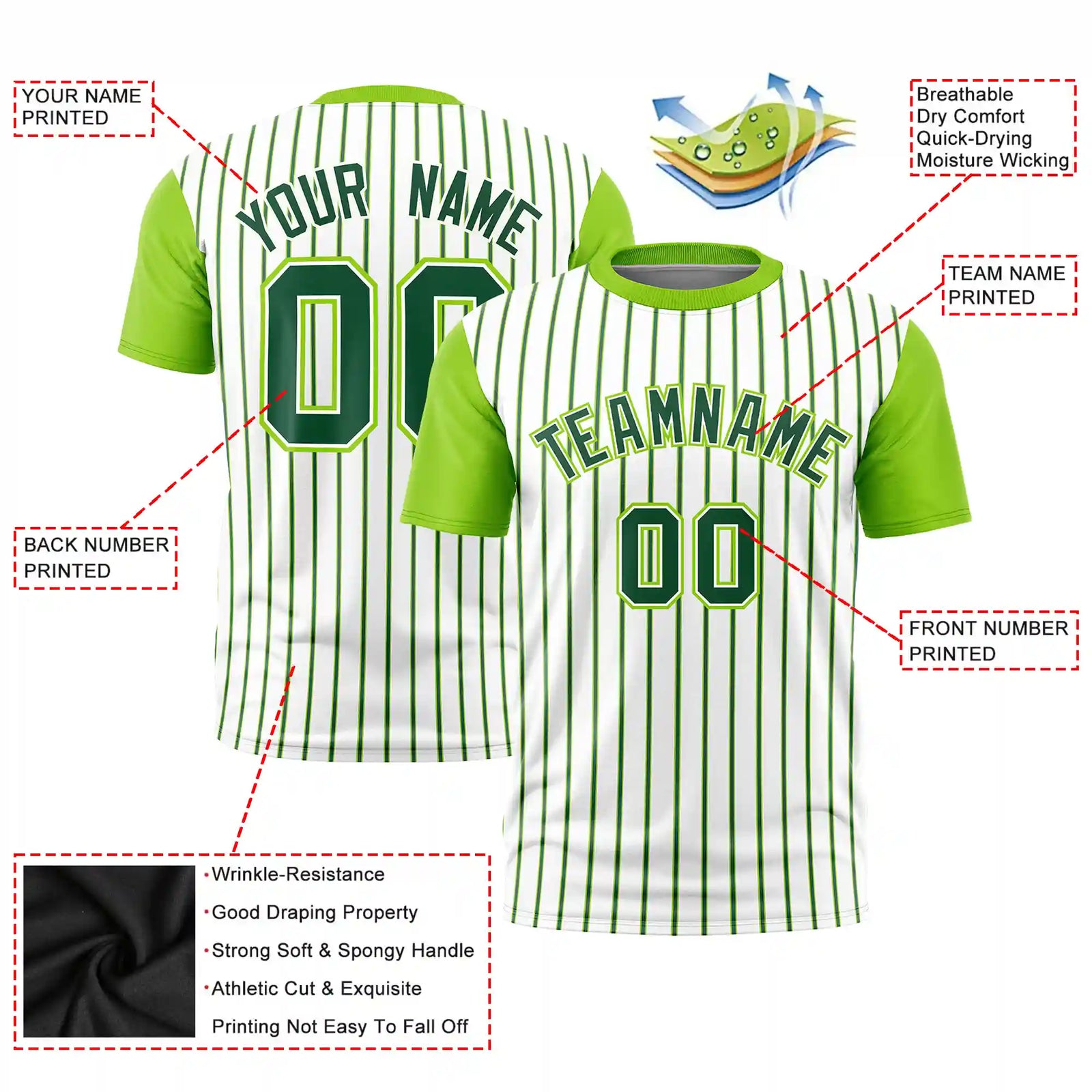Custom White Green-Neon Green Pinstripe Pattern Design Performance T-Shirt