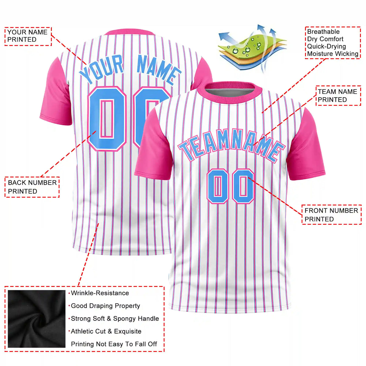 Custom White Powder Blue-Pink Pinstripe Pattern Design Performance T-Shirt