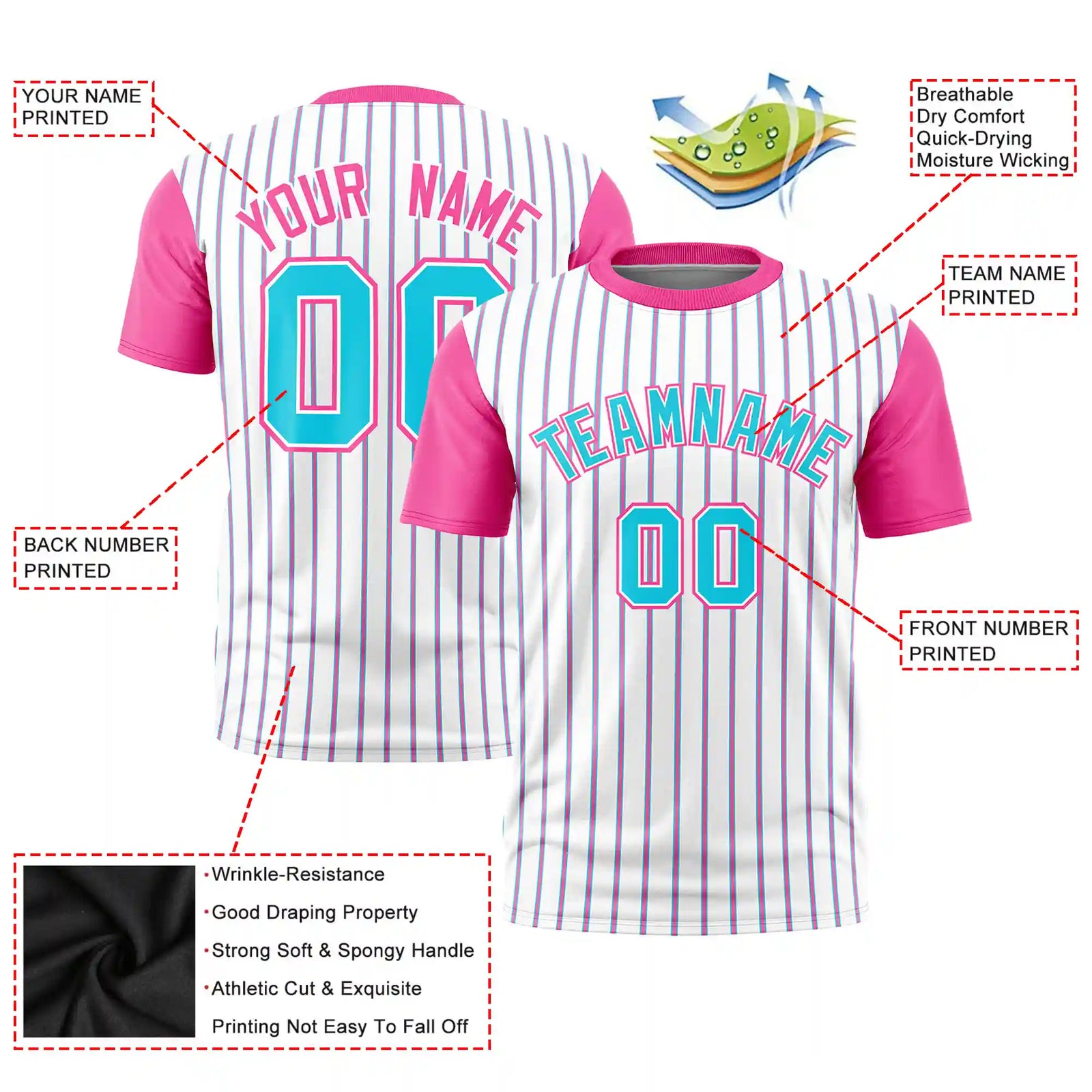 Custom White Sky Blue-Pink Pinstripe Pattern Design Performance T-Shirt