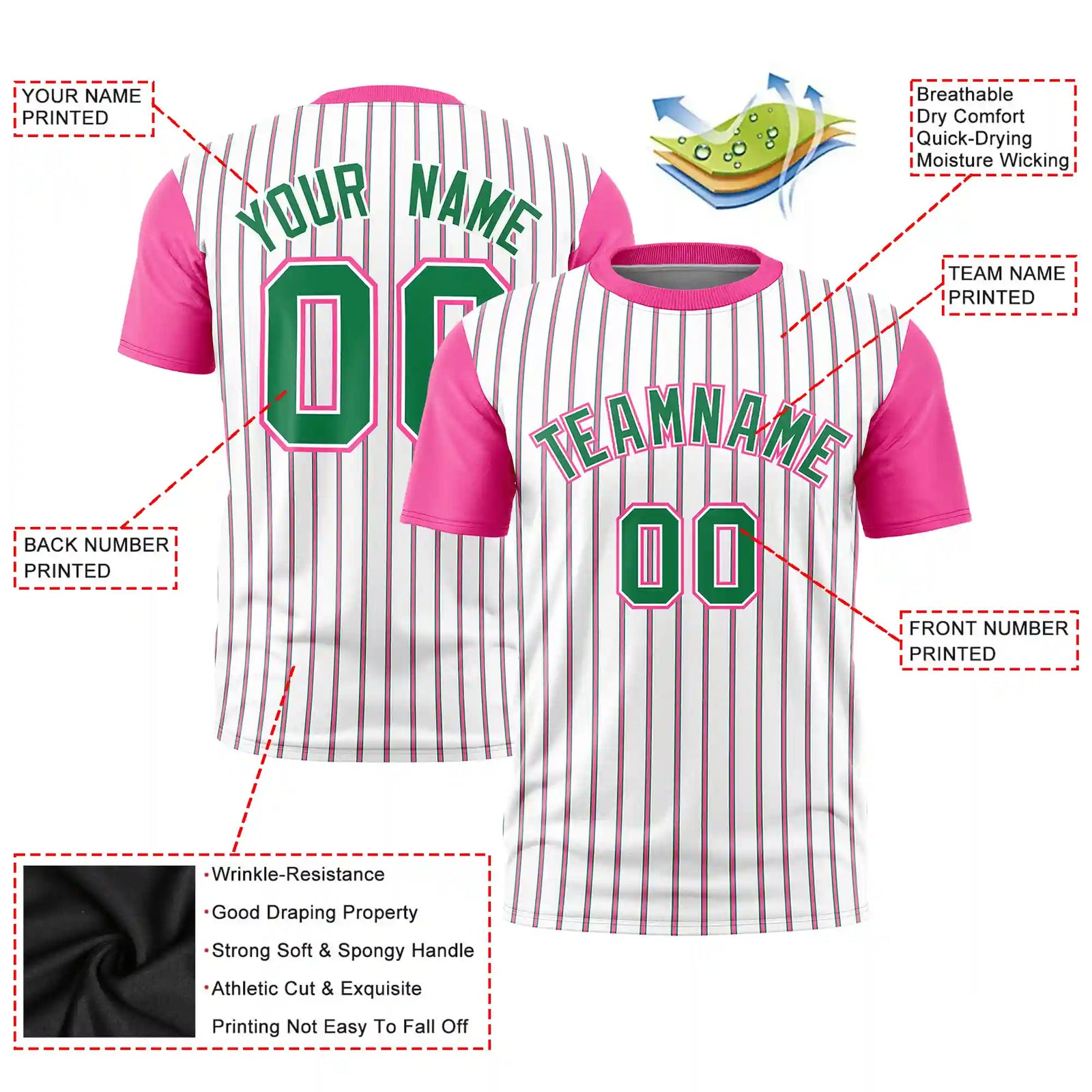 Custom White Kelly Green-Pink Pinstripe Pattern Design Performance T-Shirt