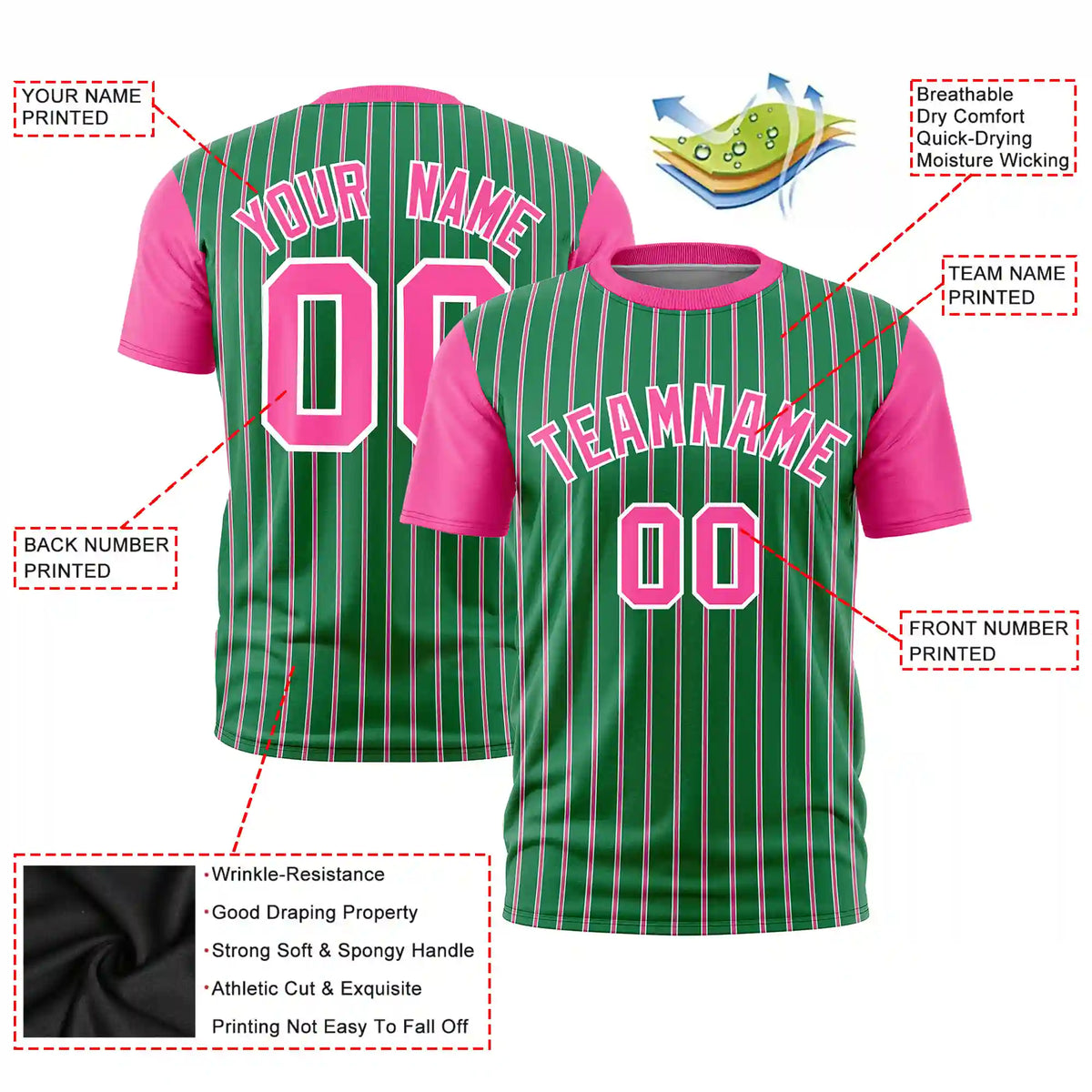 Custom Kelly Green White-Pink Pinstripe Pattern Design Performance T-Shirt
