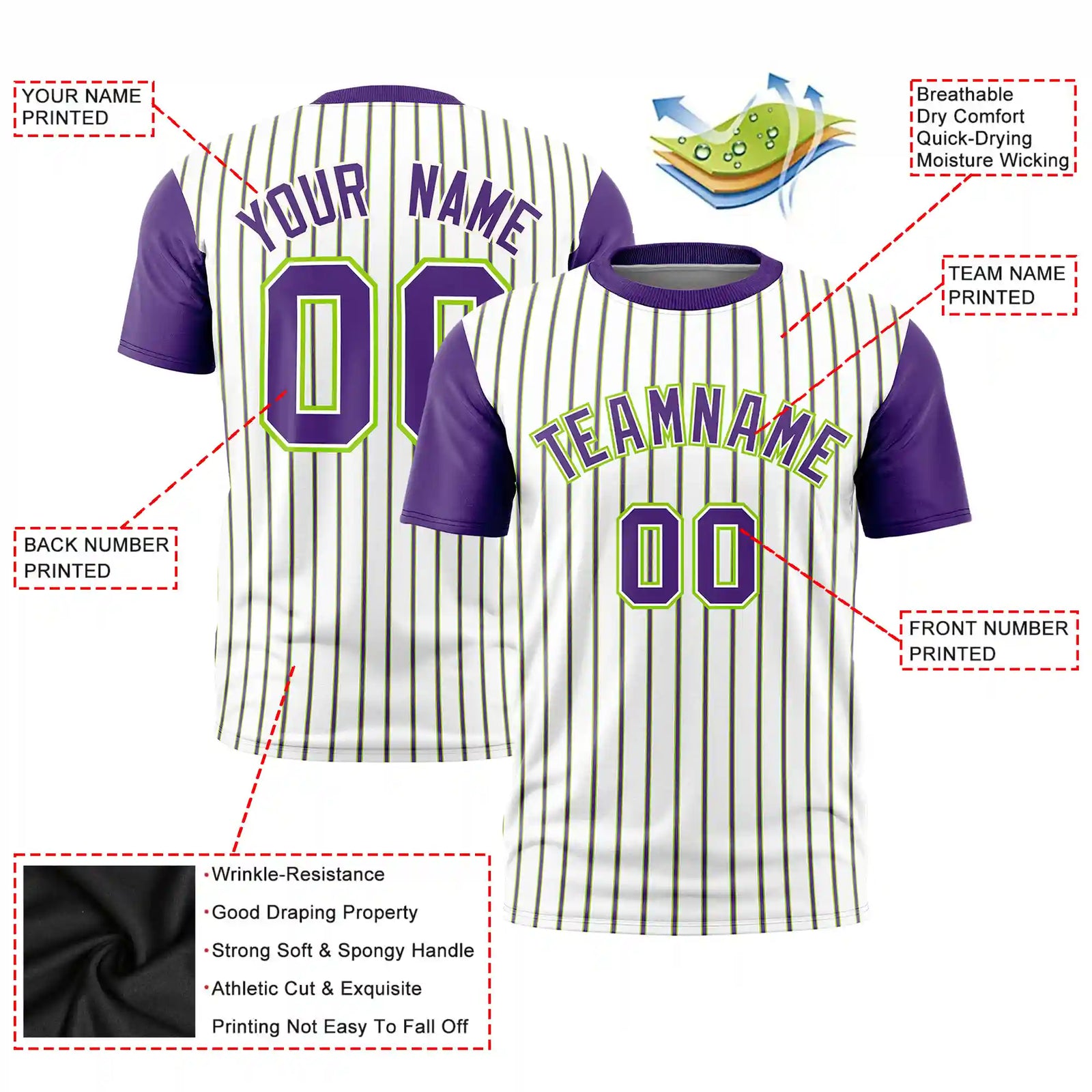 Custom White Neon Green-Purple Pinstripe Pattern Design Performance T-Shirt