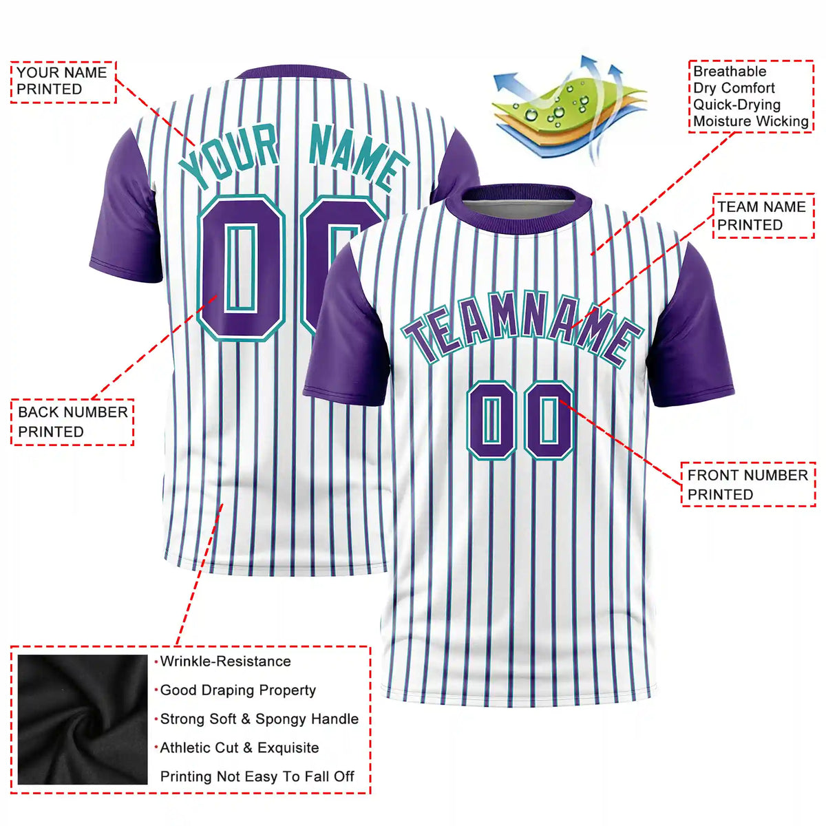 Custom White Aqua-Purple Pinstripe Pattern Design Performance T-Shirt