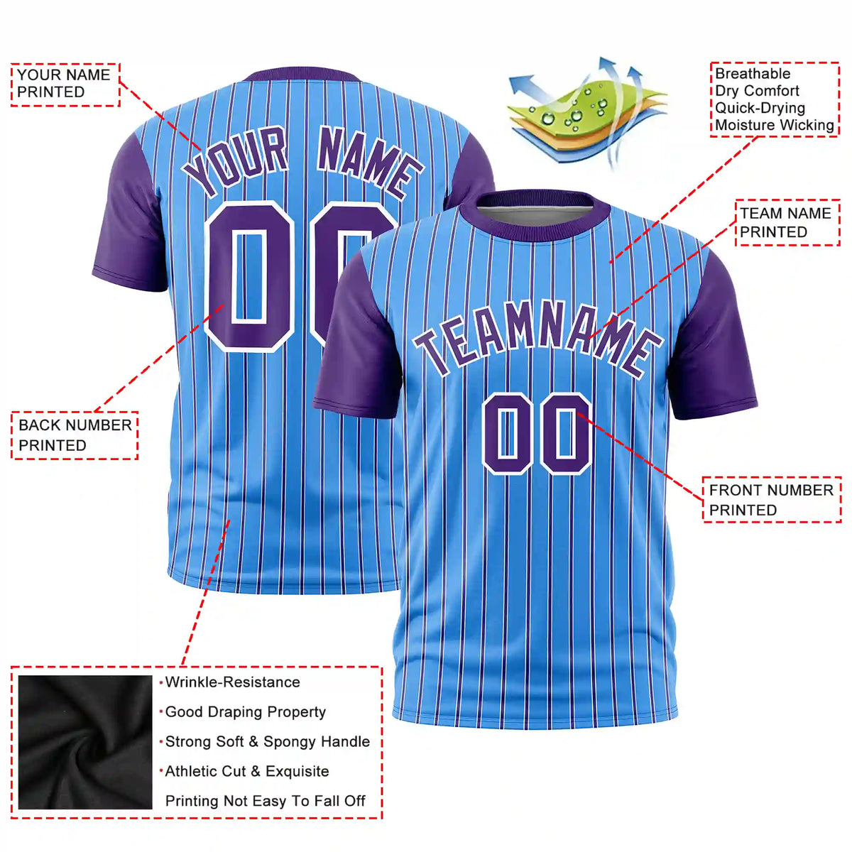 Custom Powder Blue White-Purple Pinstripe Pattern Design Performance T-Shirt