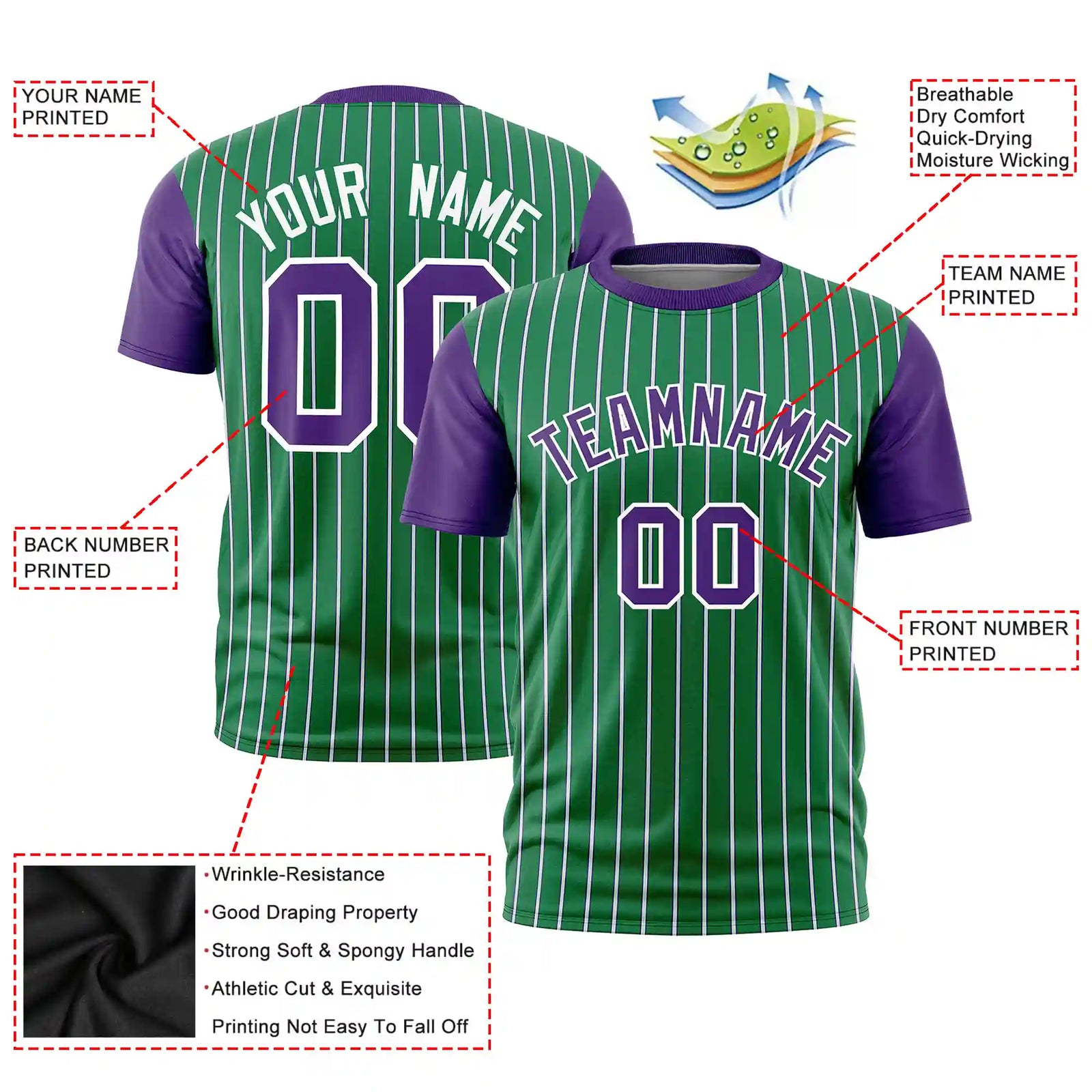Custom Kelly Green White-Purple Pinstripe Pattern Design Performance T-Shirt