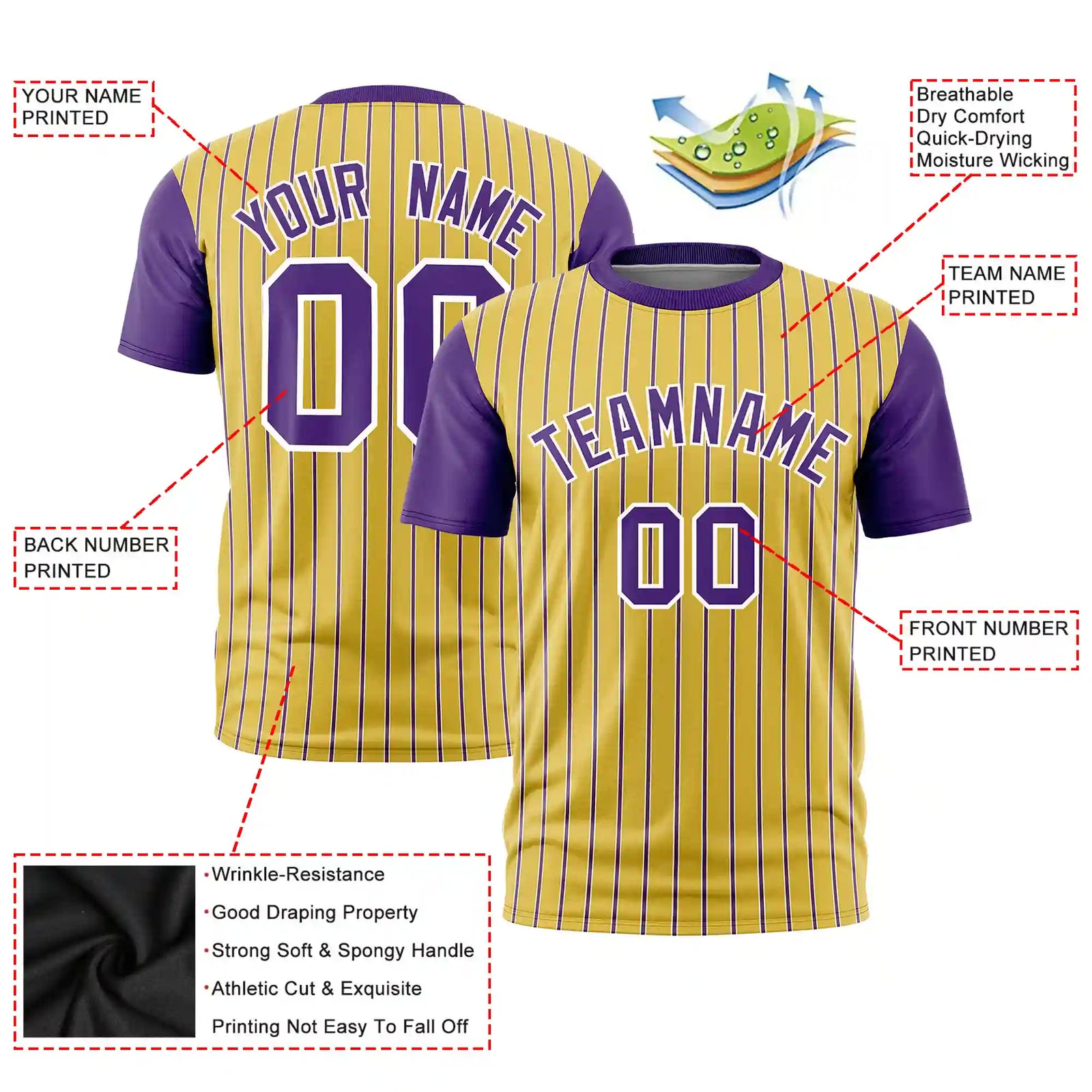Custom Old Gold White-Purple Pinstripe Pattern Design Performance T-Shirt