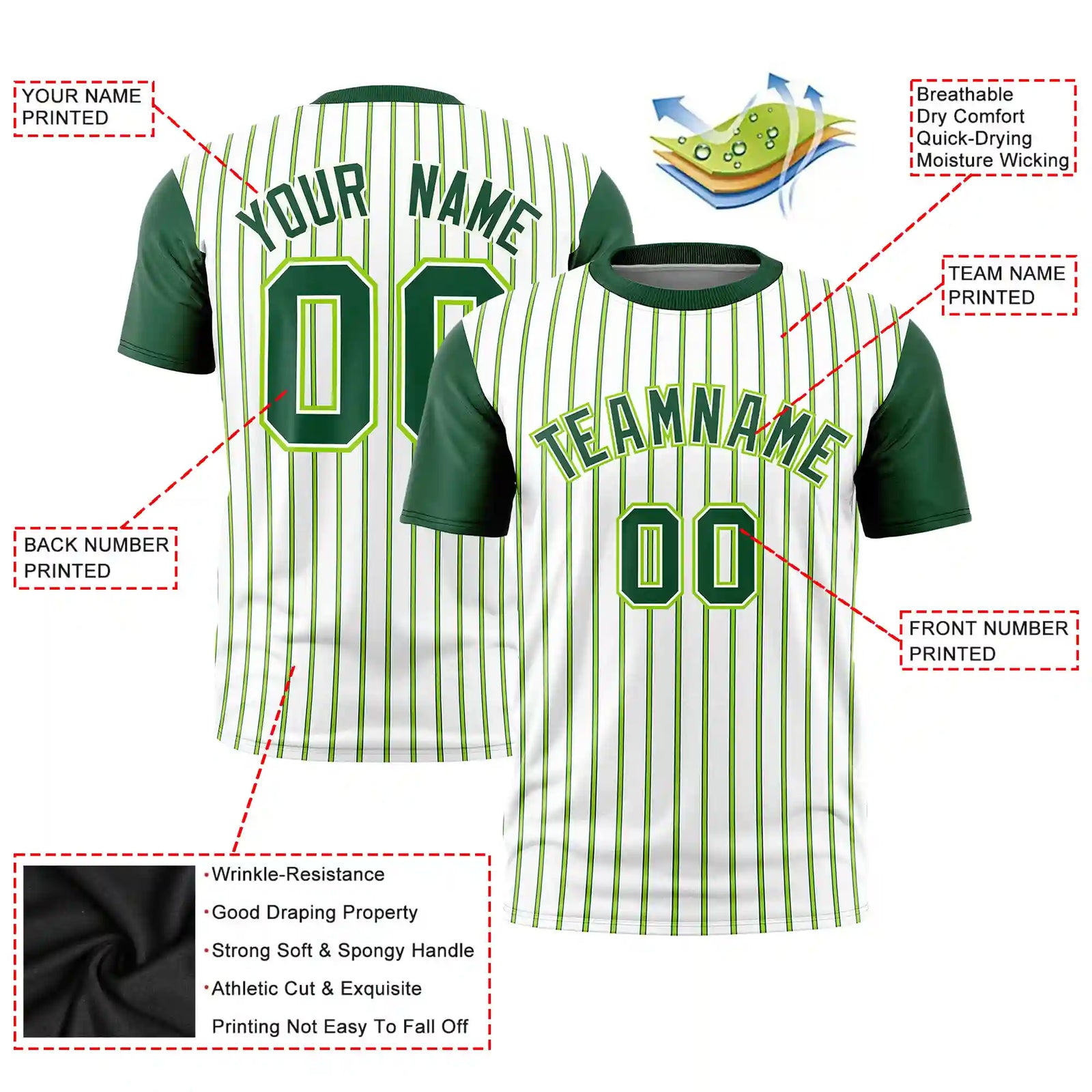 Custom White Neon Green-Green Pinstripe Pattern Design Performance T-Shirt