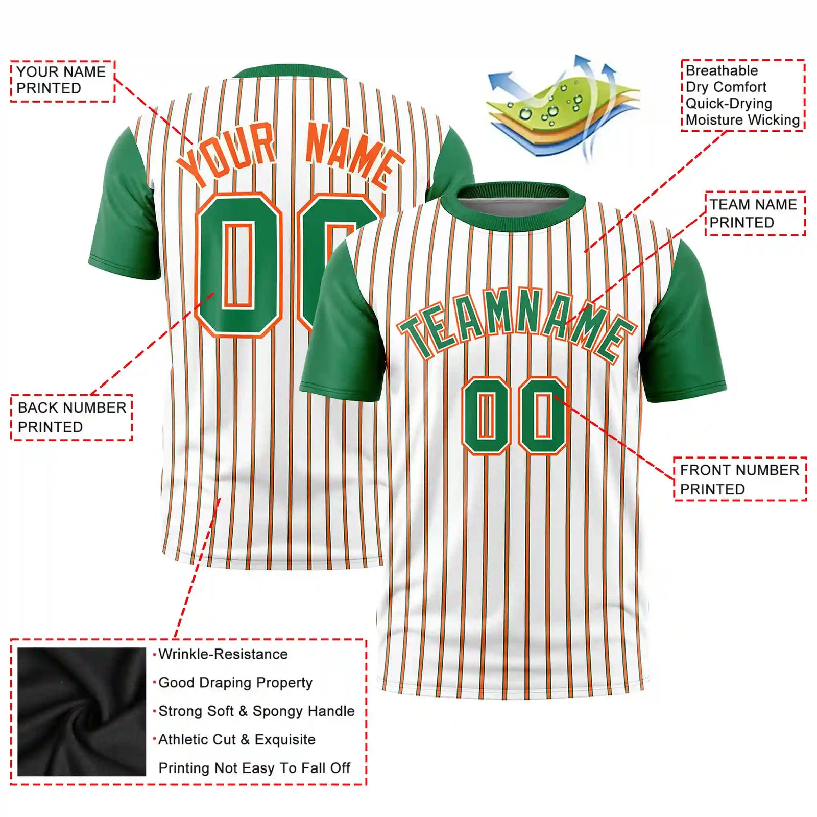 Custom White Orange-Kelly Green Pinstripe Pattern Design Performance T-Shirt