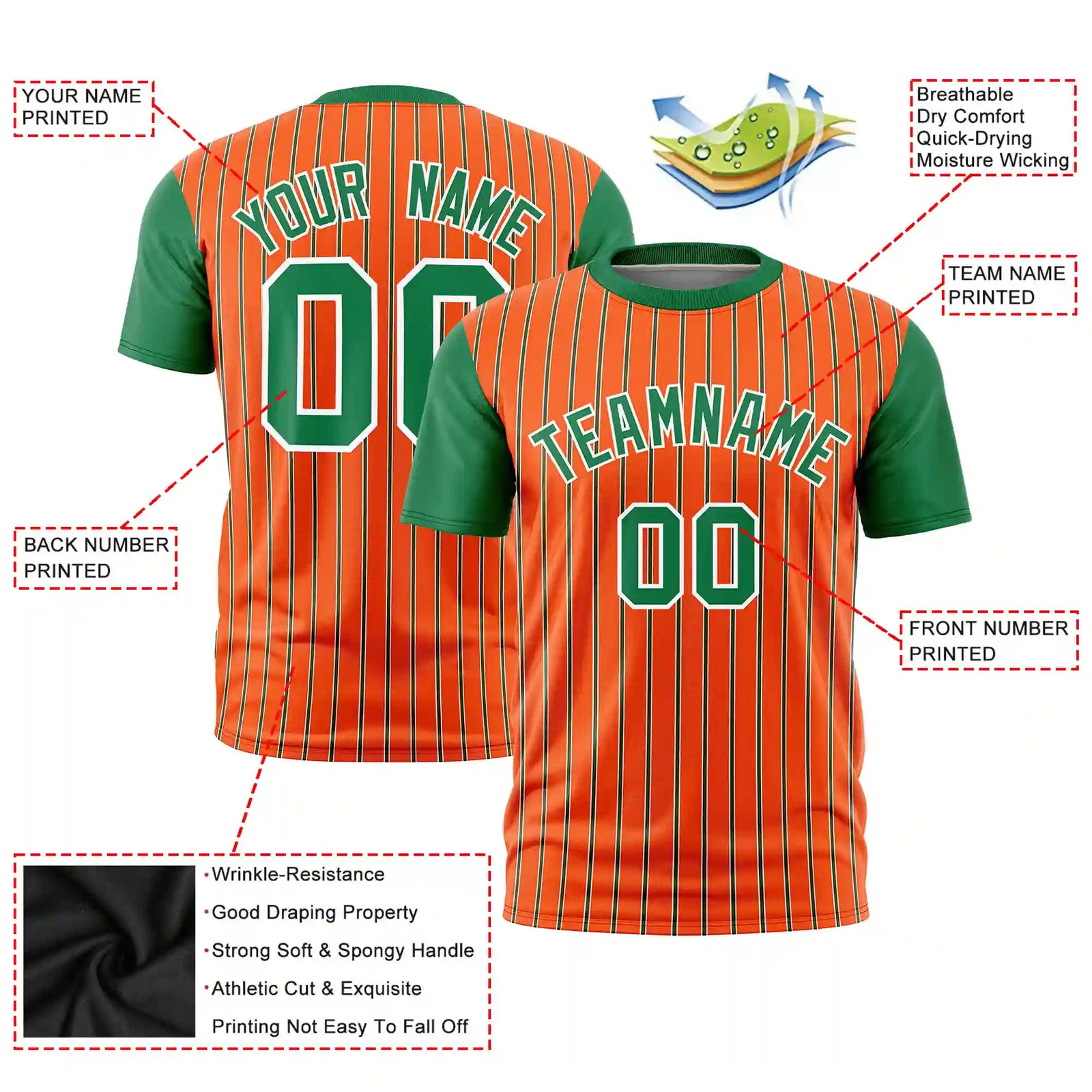 Custom Orange White-Kelly Green Pinstripe Pattern Design Performance T-Shirt