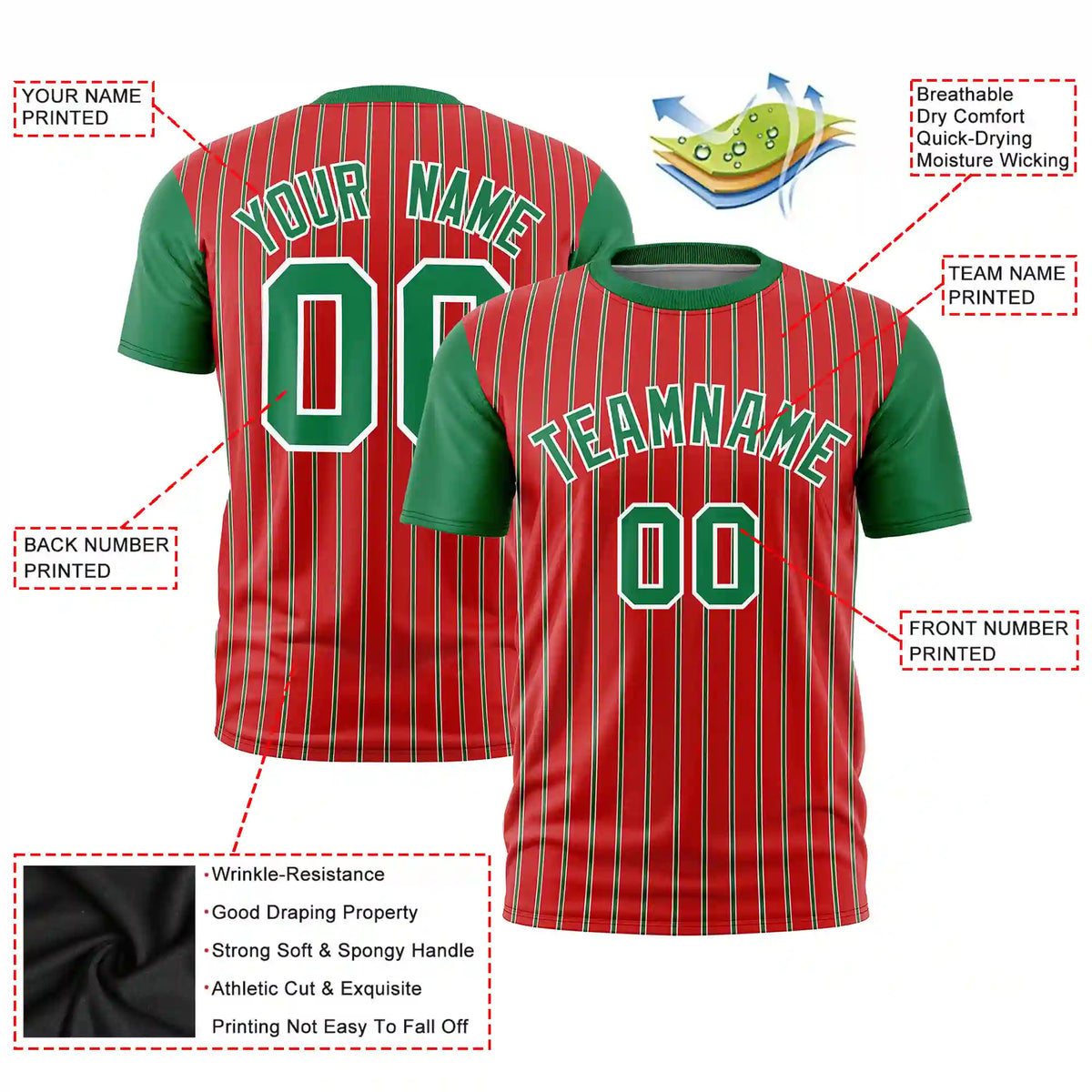 Custom Red White-Kelly Green Pinstripe Pattern Design Performance T-Shirt