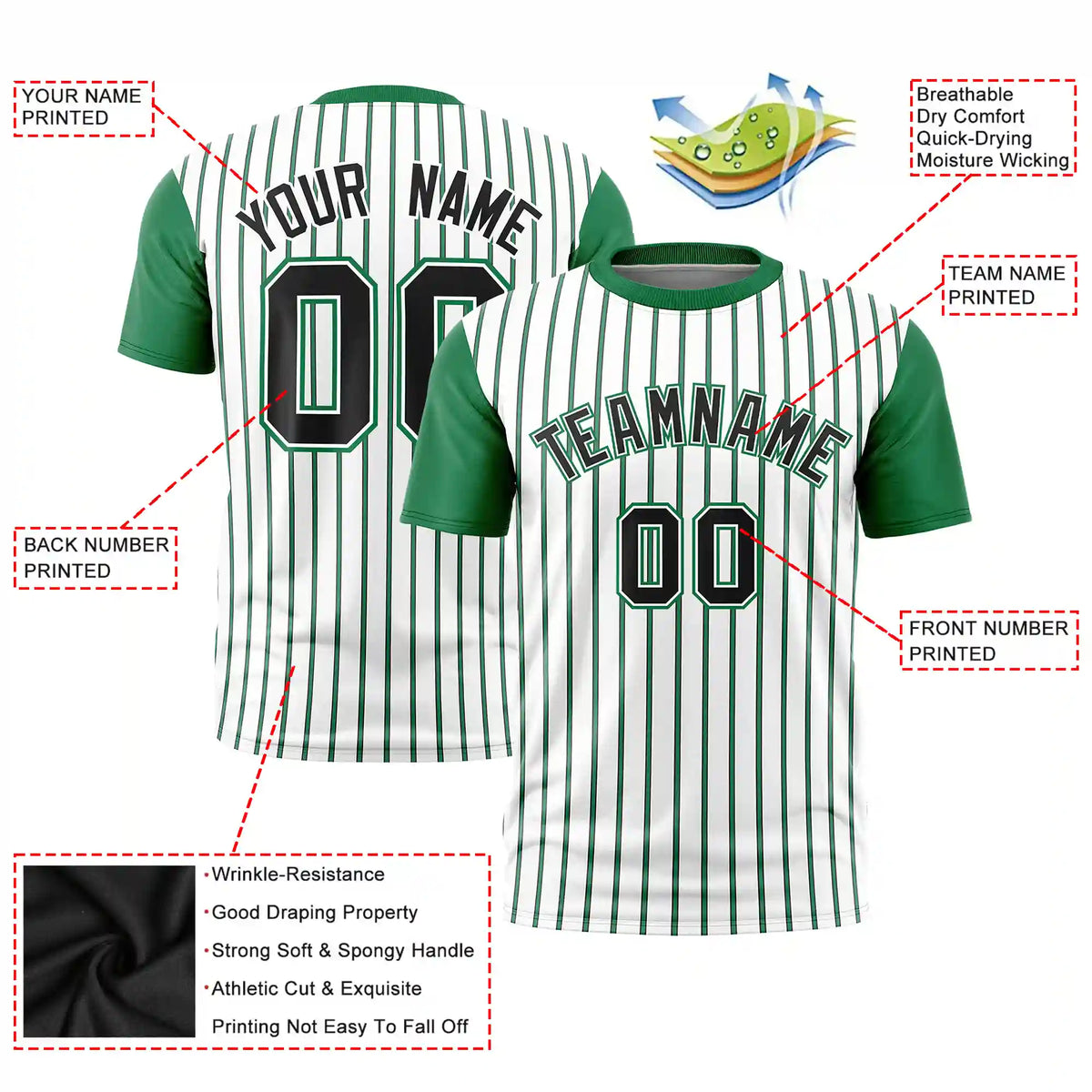 Custom White Black-Kelly Green Pinstripe Pattern Design Performance T-Shirt