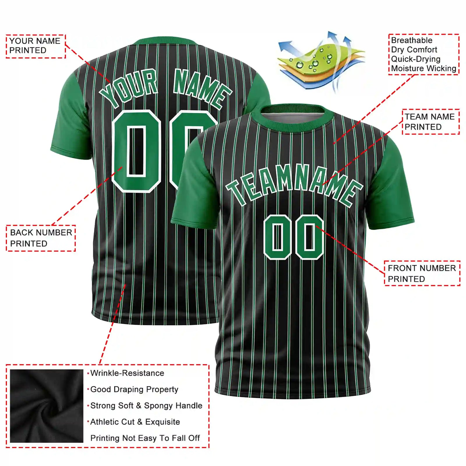 Custom Black White-Kelly Green Pinstripe Pattern Design Performance T-Shirt