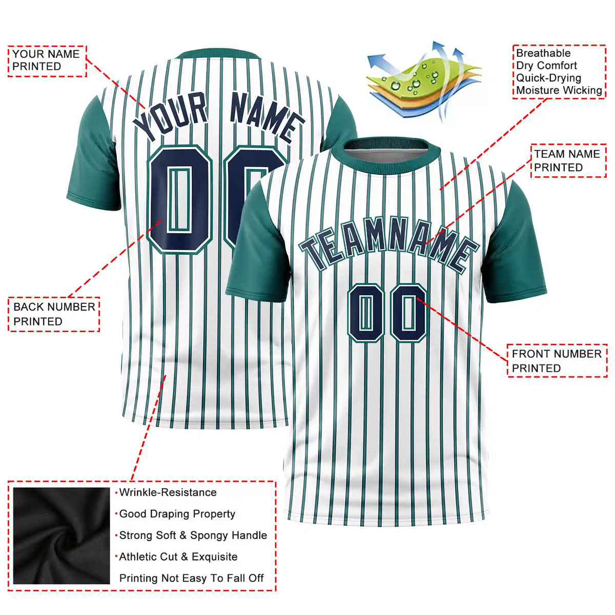 Custom White Navy-Aqua Pinstripe Pattern Design Performance T-Shirt