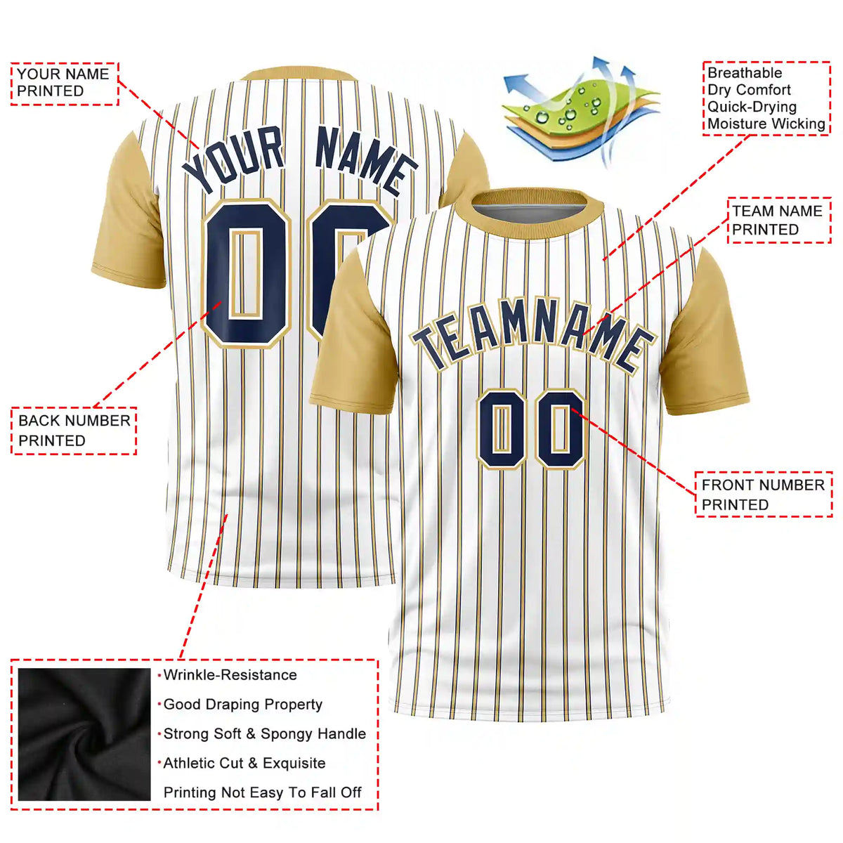 Custom White Navy-Khaki Pinstripe Pattern Design Performance T-Shirt