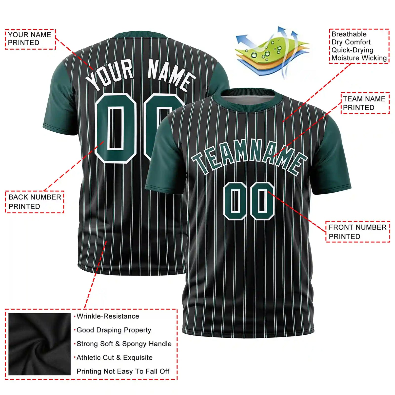 Custom Black White-Midnight Green Pinstripe Pattern Design Performance T-Shirt