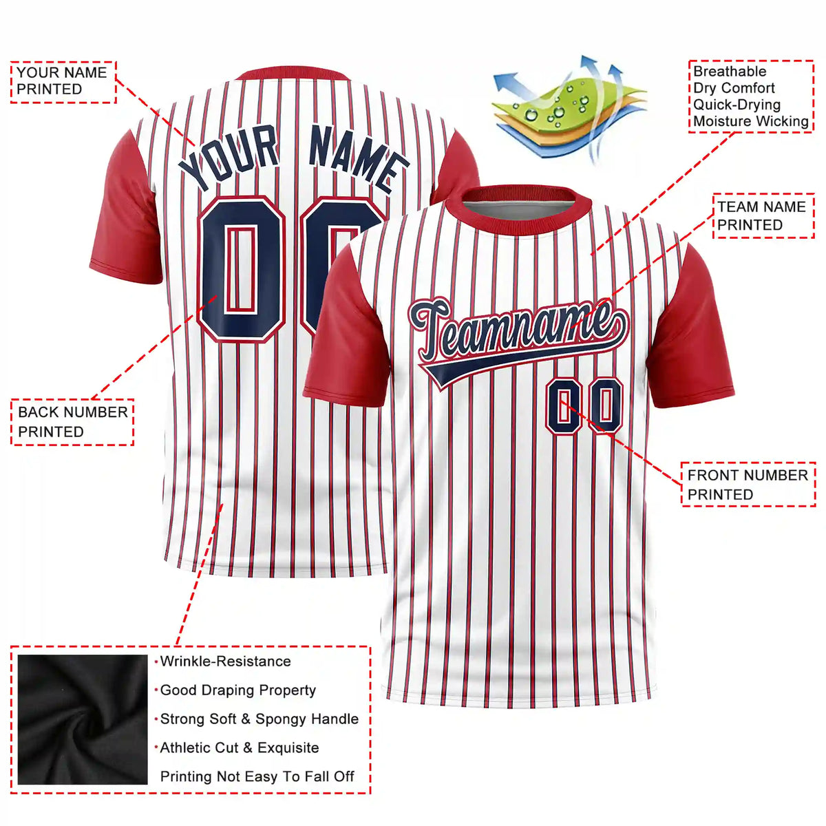 Custom White Navy-Red Pinstripe Pattern Design Performance T-Shirt