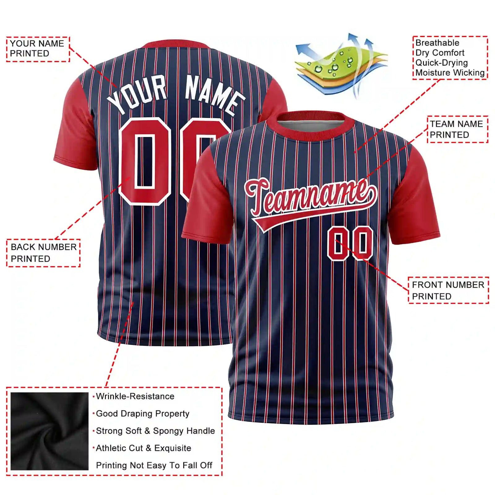 Custom Navy White-Red Pinstripe Pattern Design Performance T-Shirt