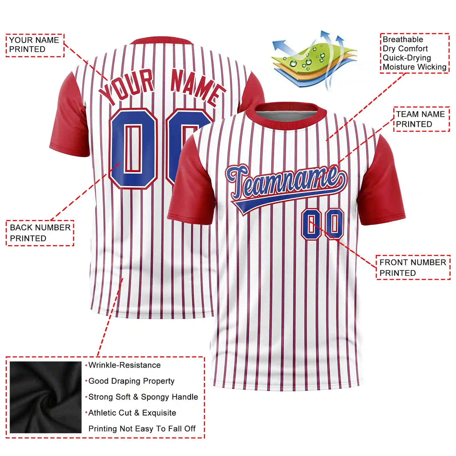Custom White Royal Blue-Red Pinstripe Pattern Design Performance T-Shirt