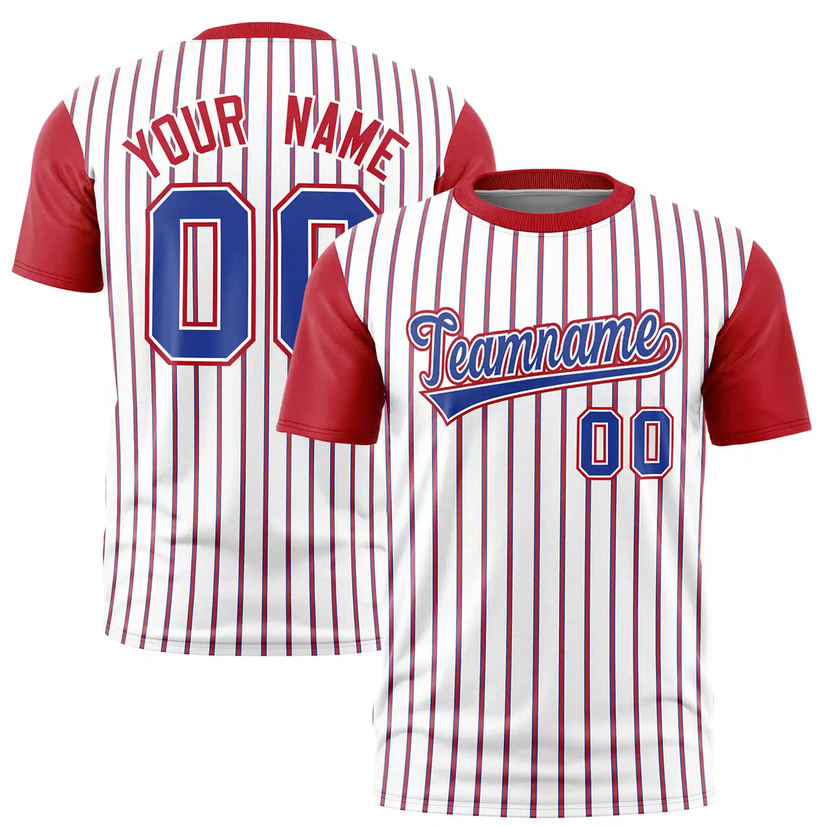Custom White Royal Blue-Red Pinstripe Pattern Design Performance T-Shirt