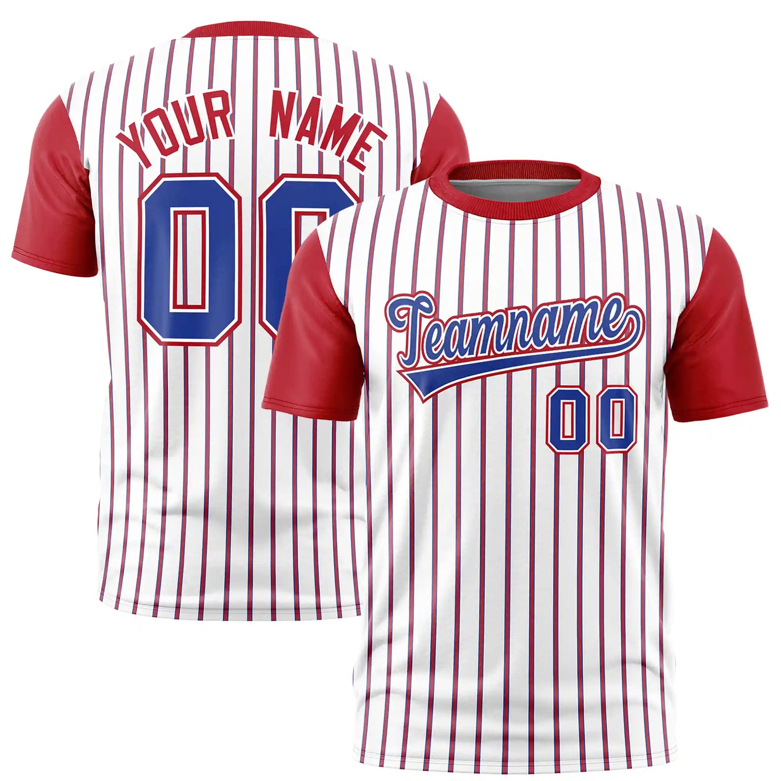Custom White Royal Blue-Red Pinstripe Pattern Design Performance T-Shirt